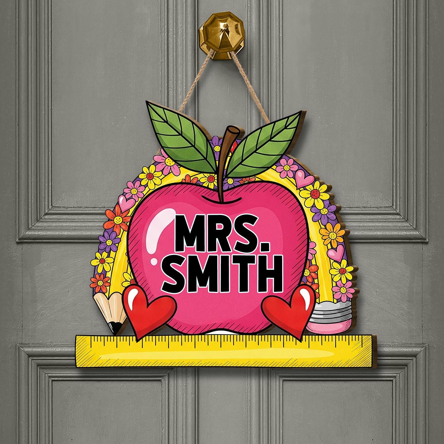 Custom Teacher Door Sign, Rainbow Apple Classroom Name Tag, Personalized Teacher Gift, Back to School Wall Decor, Classroom Decor Custom