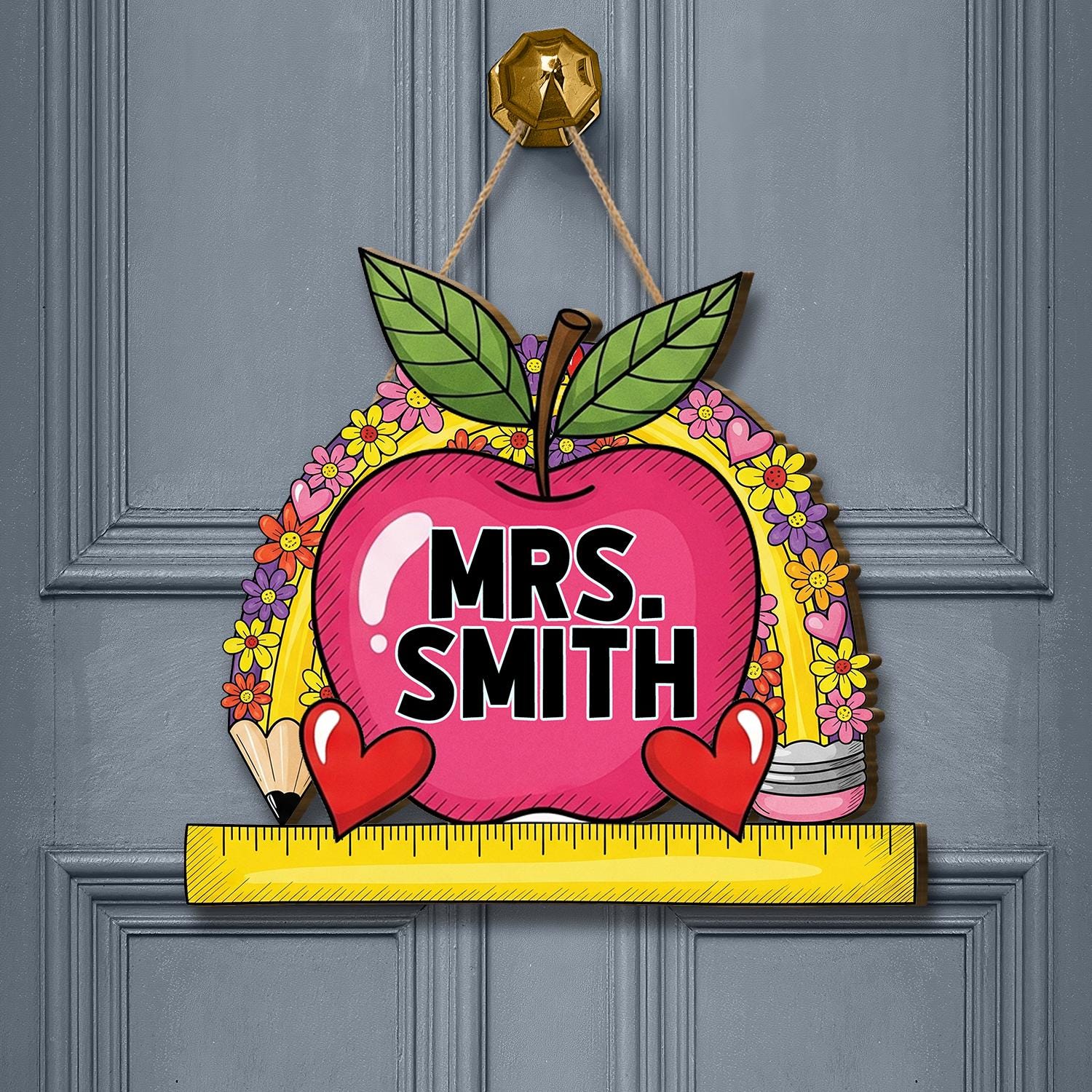 Custom Teacher Door Sign, Rainbow Apple Classroom Name Tag, Personalized Teacher Gift, Back to School Wall Decor, Classroom Decor Custom