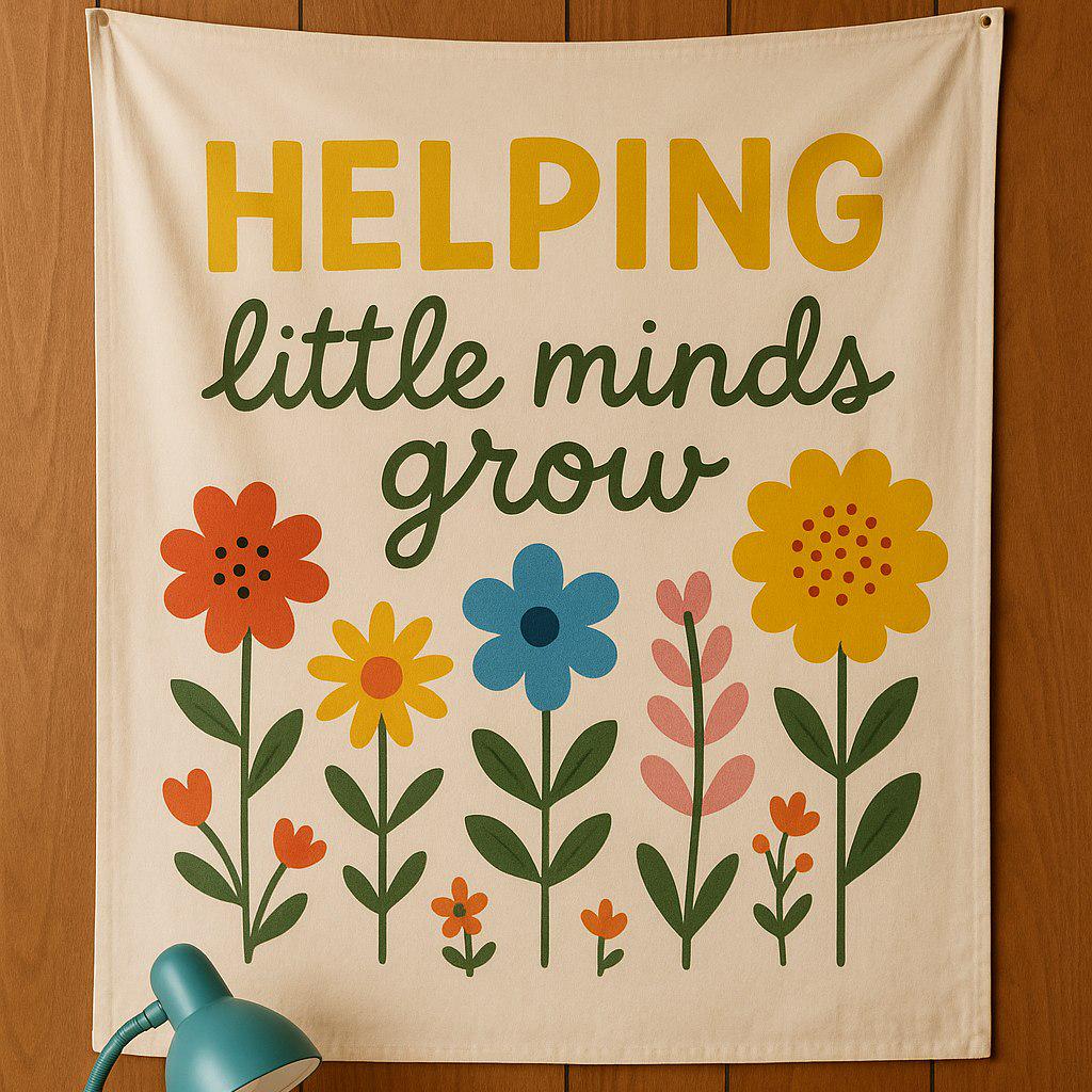 Helping Little Minds Grow Tapestry, Teacher Classroom Wall Decor, Educational Flower Banner, Preschool or Kindergarten Poster Art