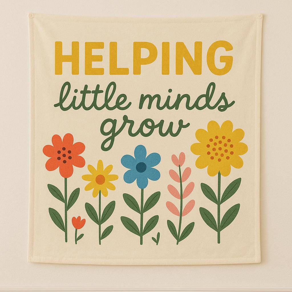Helping Little Minds Grow Tapestry, Teacher Classroom Wall Decor, Educational Flower Banner, Preschool or Kindergarten Poster Art
