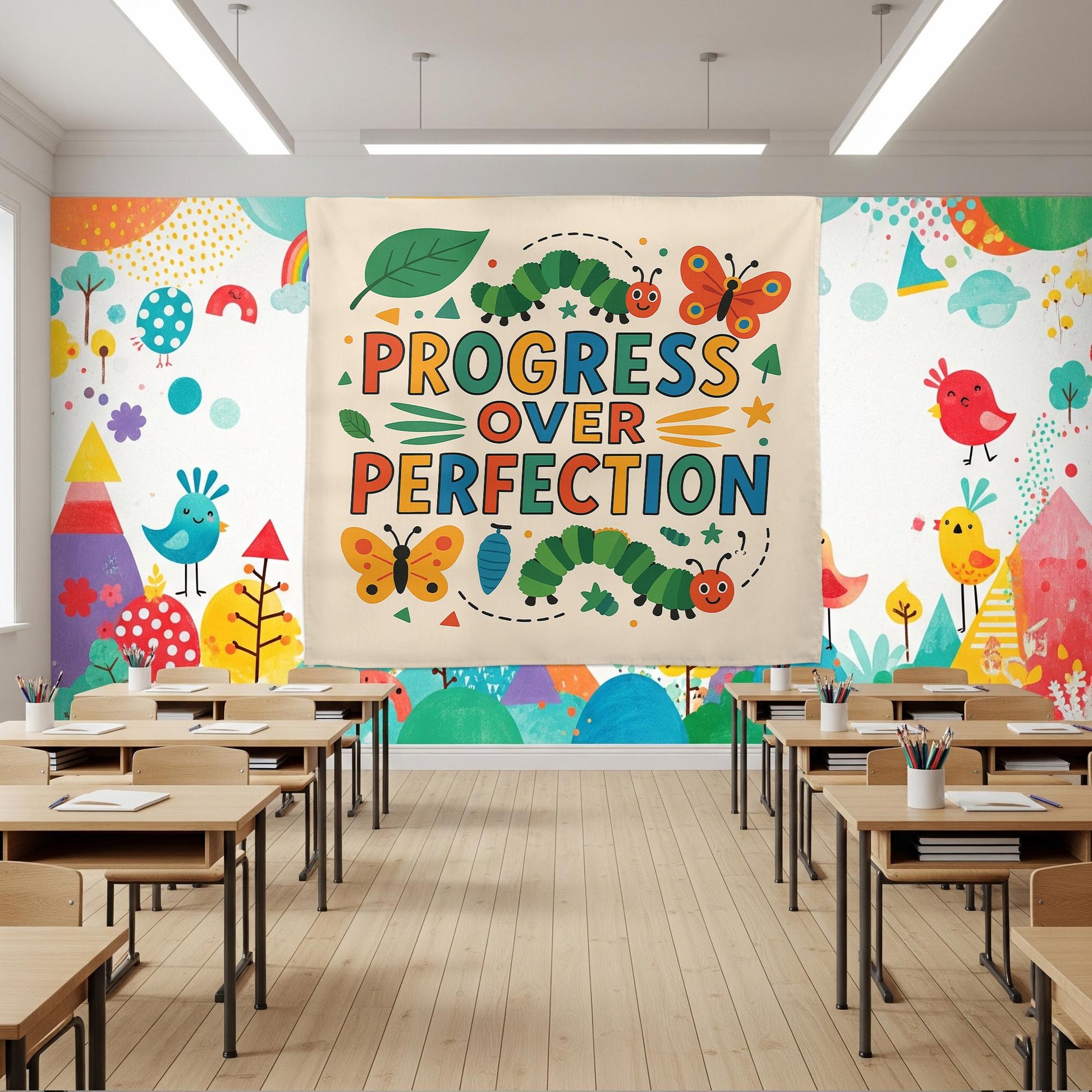 Progress Over Perfection Classroom Tapestry - Inspirational Back to School Decor, Motivational Teacher Wall Art, Growth Mindset Banner