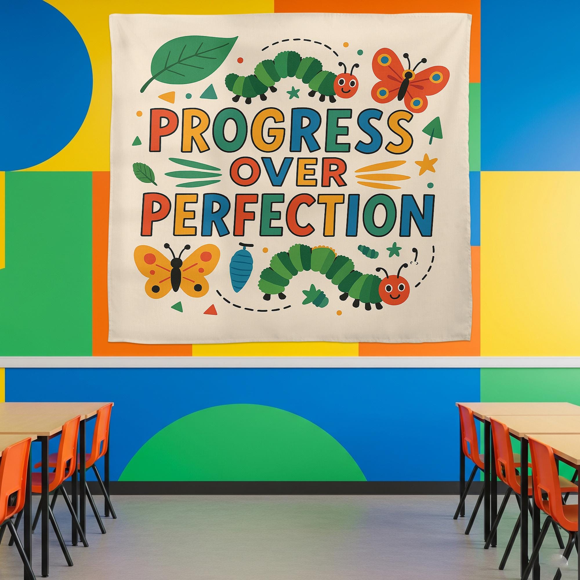 Progress Over Perfection Classroom Tapestry - Inspirational Back to School Decor, Motivational Teacher Wall Art, Growth Mindset Banner