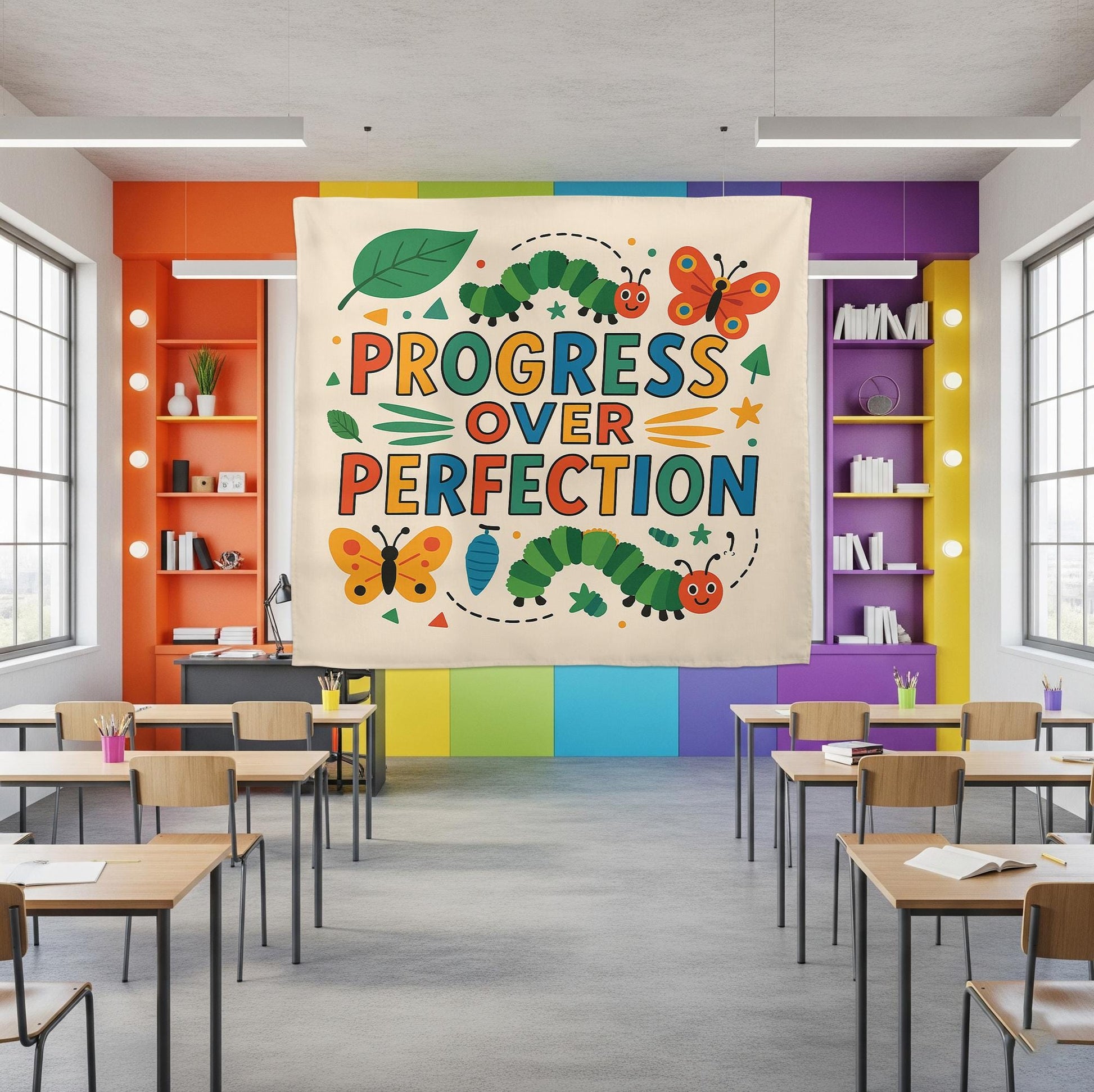 Progress Over Perfection Classroom Tapestry - Inspirational Back to School Decor, Motivational Teacher Wall Art, Growth Mindset Banner