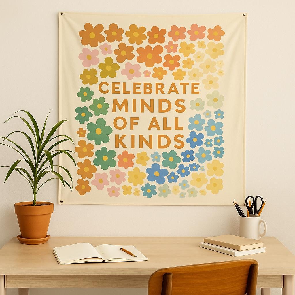 Celebrate Minds of All Kinds Tapestry, Inclusive Classroom Wall Decor, Neurodiversity Poster, Colorful Teacher Banner for School