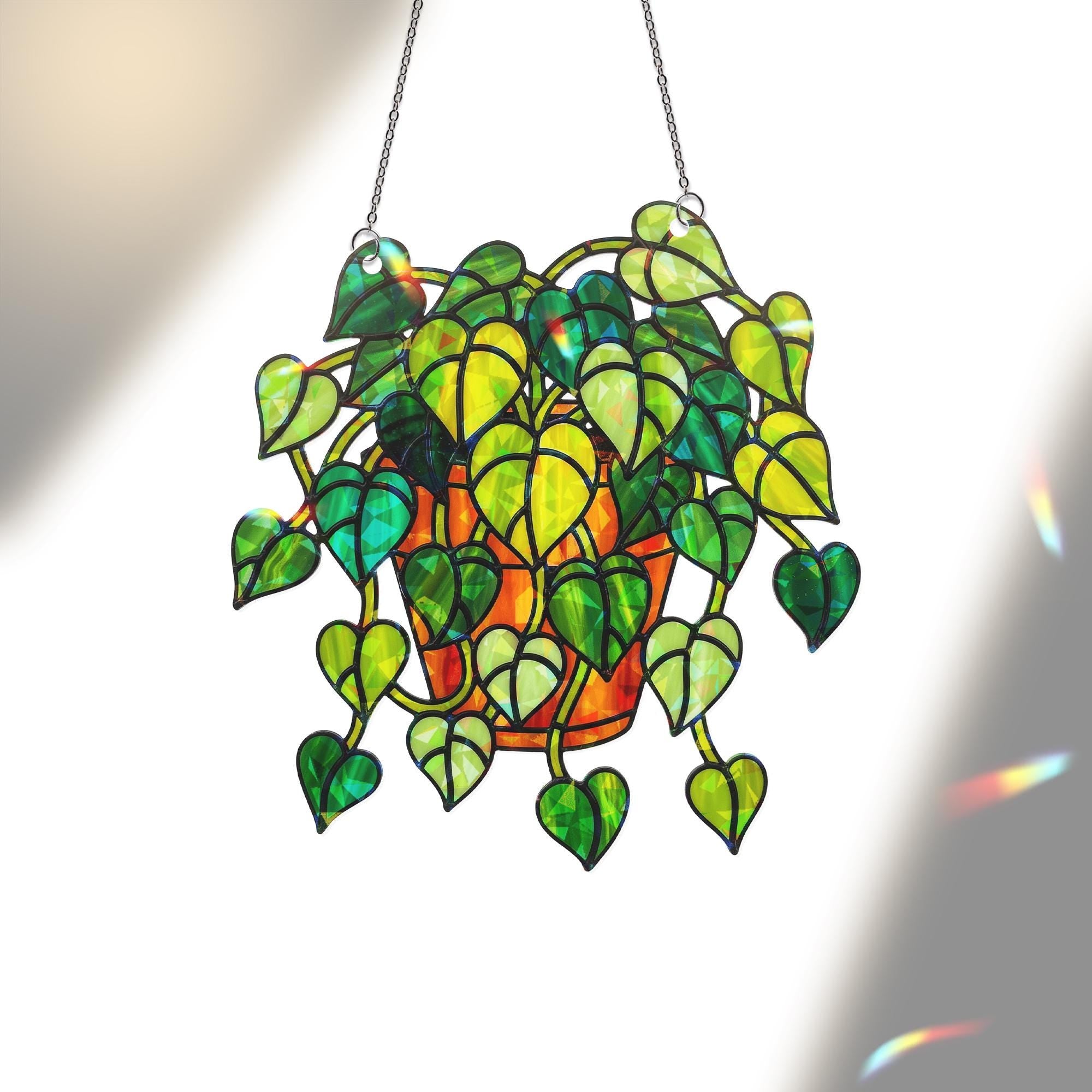 Pothos Plant Hologram Ornament - Heart Leaf Vine Window Decor for Plant Lovers, Botanical Theme Home Art Decor for Indoor Garden Lovers