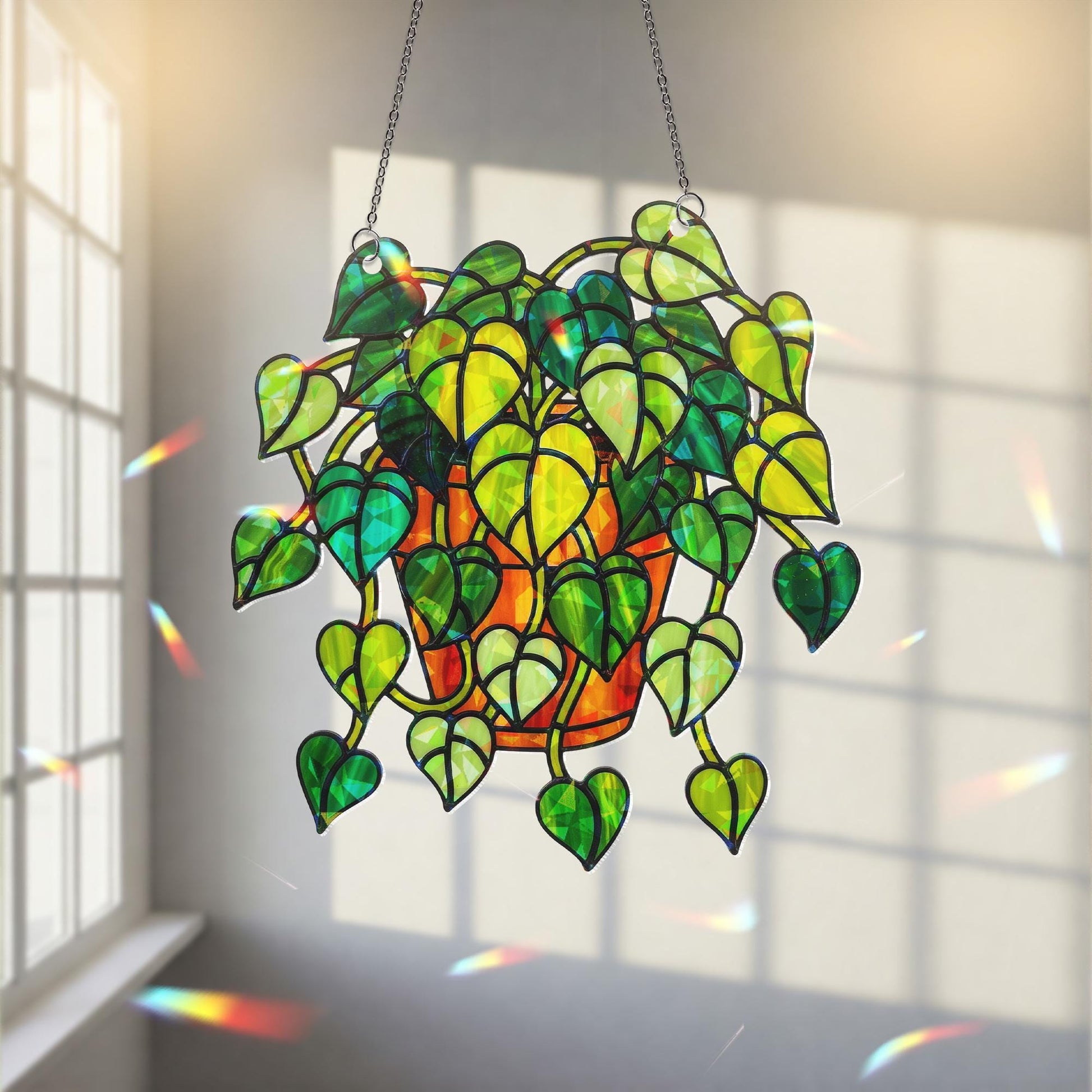 Pothos Plant Hologram Ornament - Heart Leaf Vine Window Decor for Plant Lovers, Botanical Theme Home Art Decor for Indoor Garden Lovers