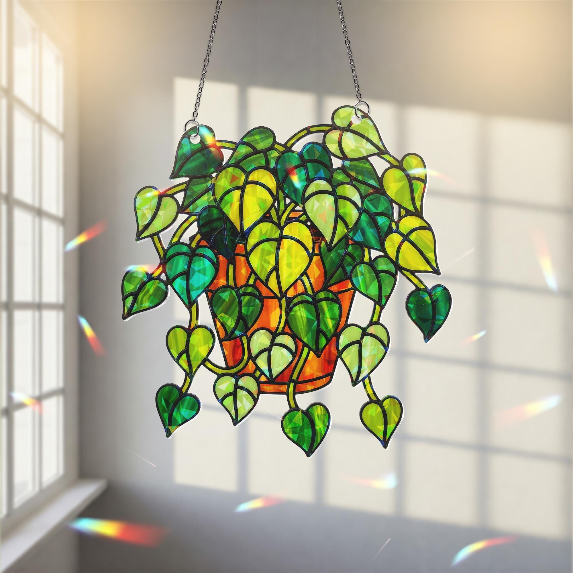 Pothos Plant Hologram Ornament - Heart Leaf Vine Window Decor for Plant Lovers, Botanical Theme Home Art Decor for Indoor Garden Lovers