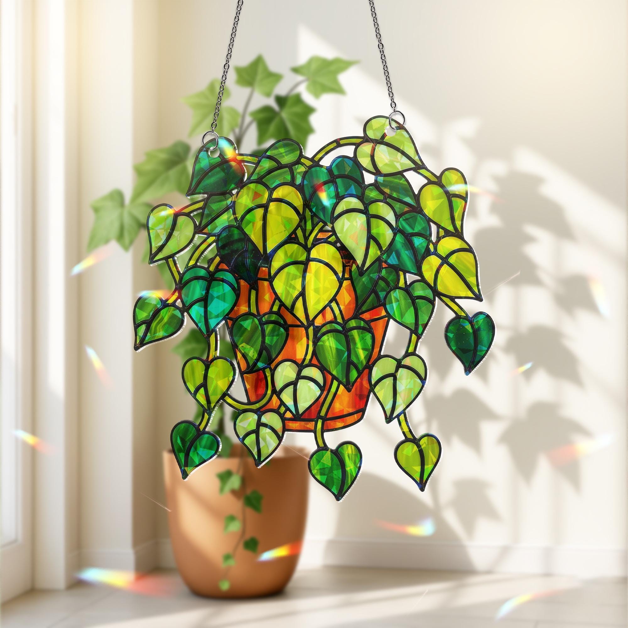 Pothos Plant Hologram Ornament - Heart Leaf Vine Window Decor for Plant Lovers, Botanical Theme Home Art Decor for Indoor Garden Lovers