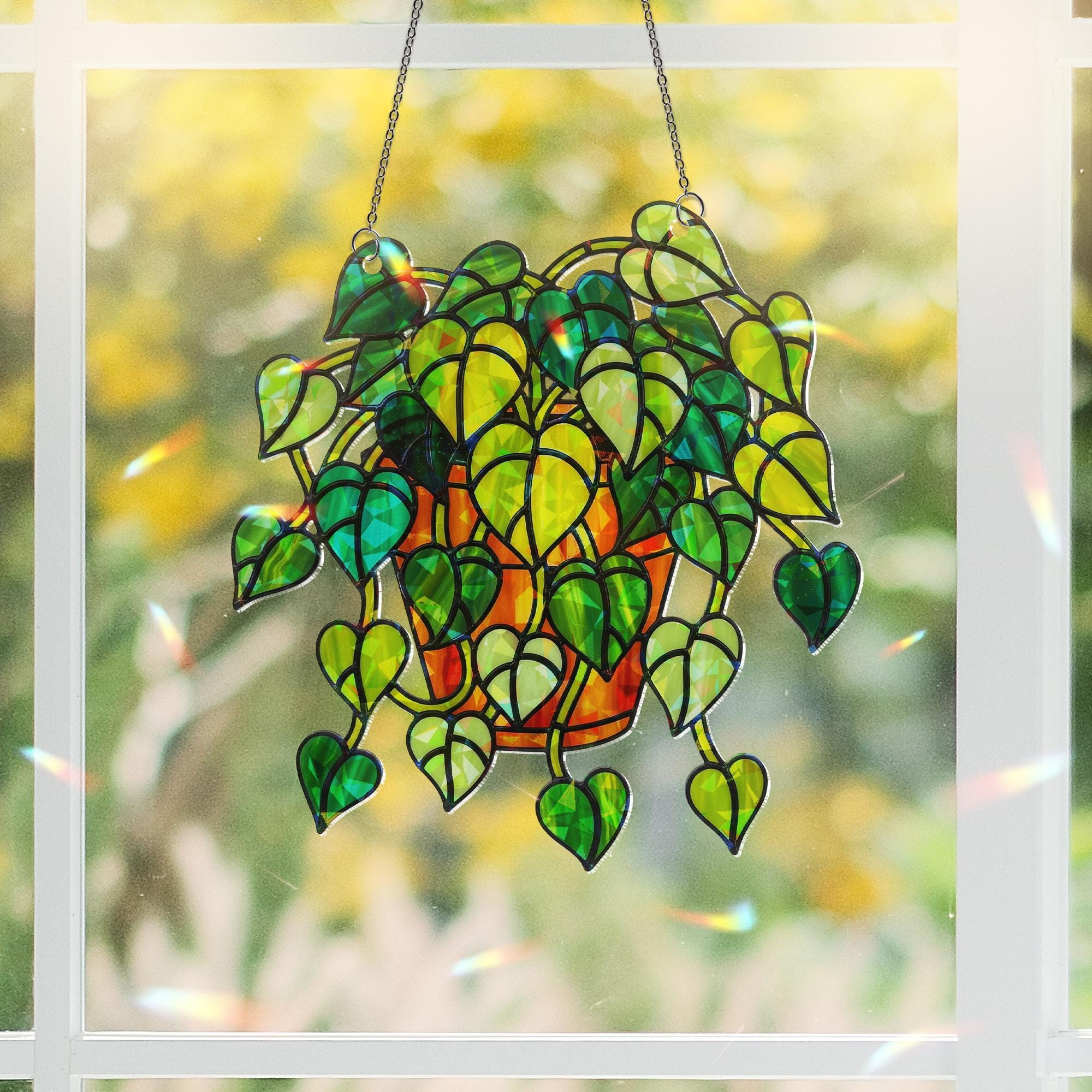 Pothos Plant Hologram Ornament - Heart Leaf Vine Window Decor for Plant Lovers, Botanical Theme Home Art Decor for Indoor Garden Lovers