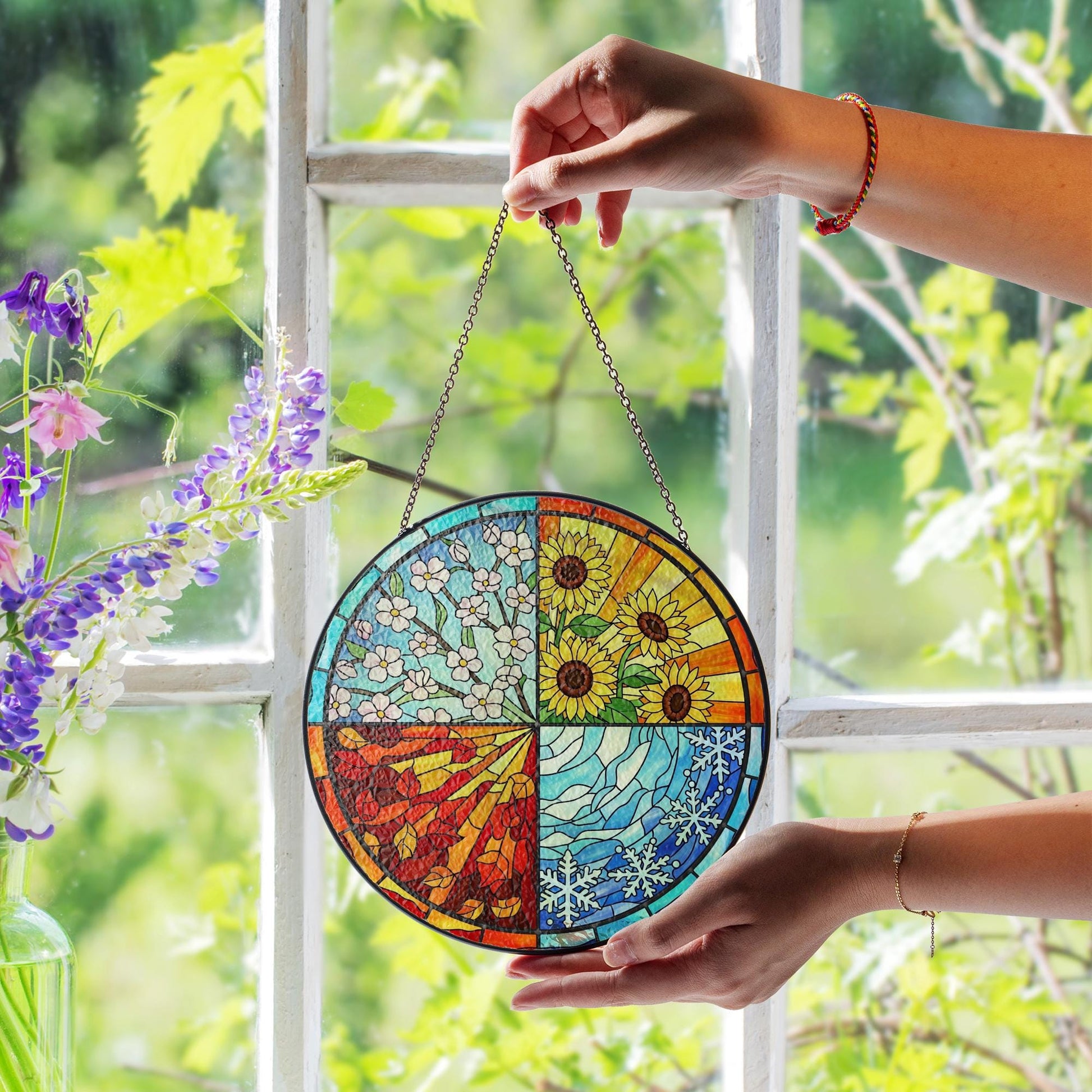 Four Seasons Stained Glass Suncatcher – Nature Window Hanging, Fall Decor, Tis The Season Decor Gift, Jesus Made Christian Gift