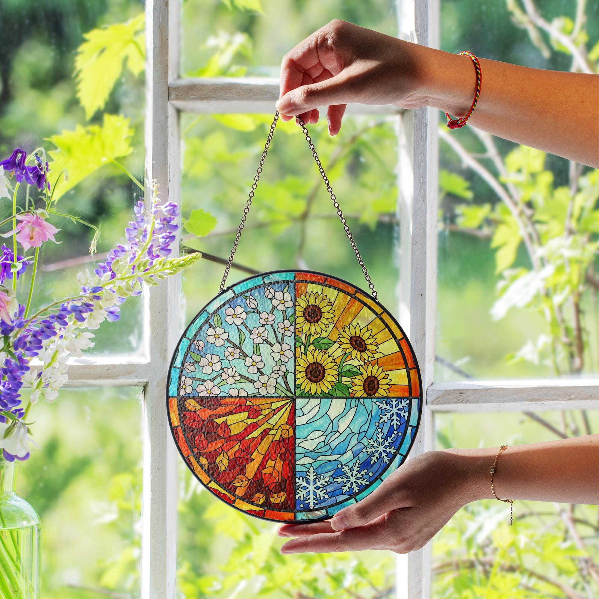 Four Seasons Stained Glass Suncatcher – Nature Window Hanging, Fall Decor, Tis The Season Decor Gift, Jesus Made Christian Gift