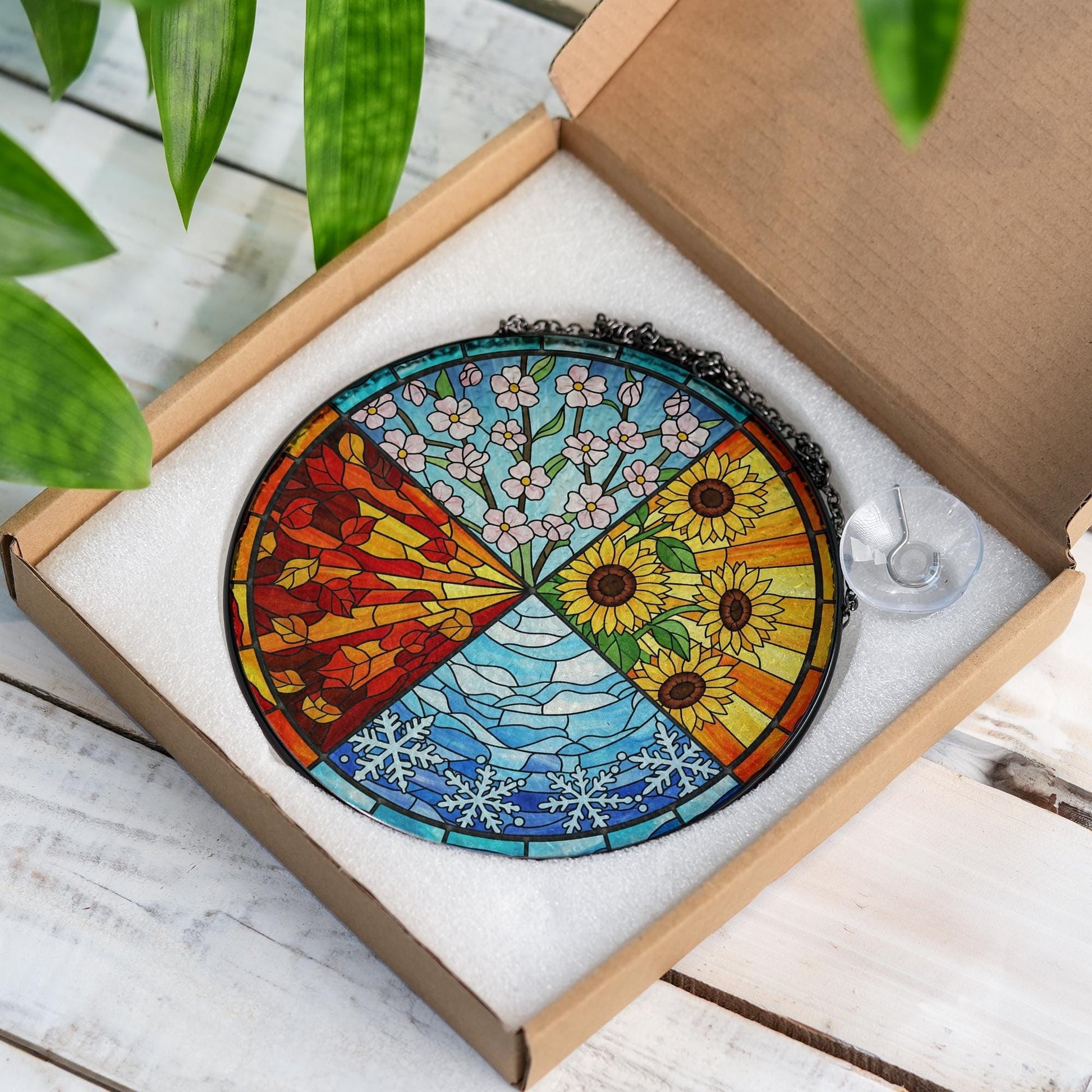Four Seasons Stained Glass Suncatcher – Nature Window Hanging, Fall Decor, Tis The Season Decor Gift, Jesus Made Christian Gift