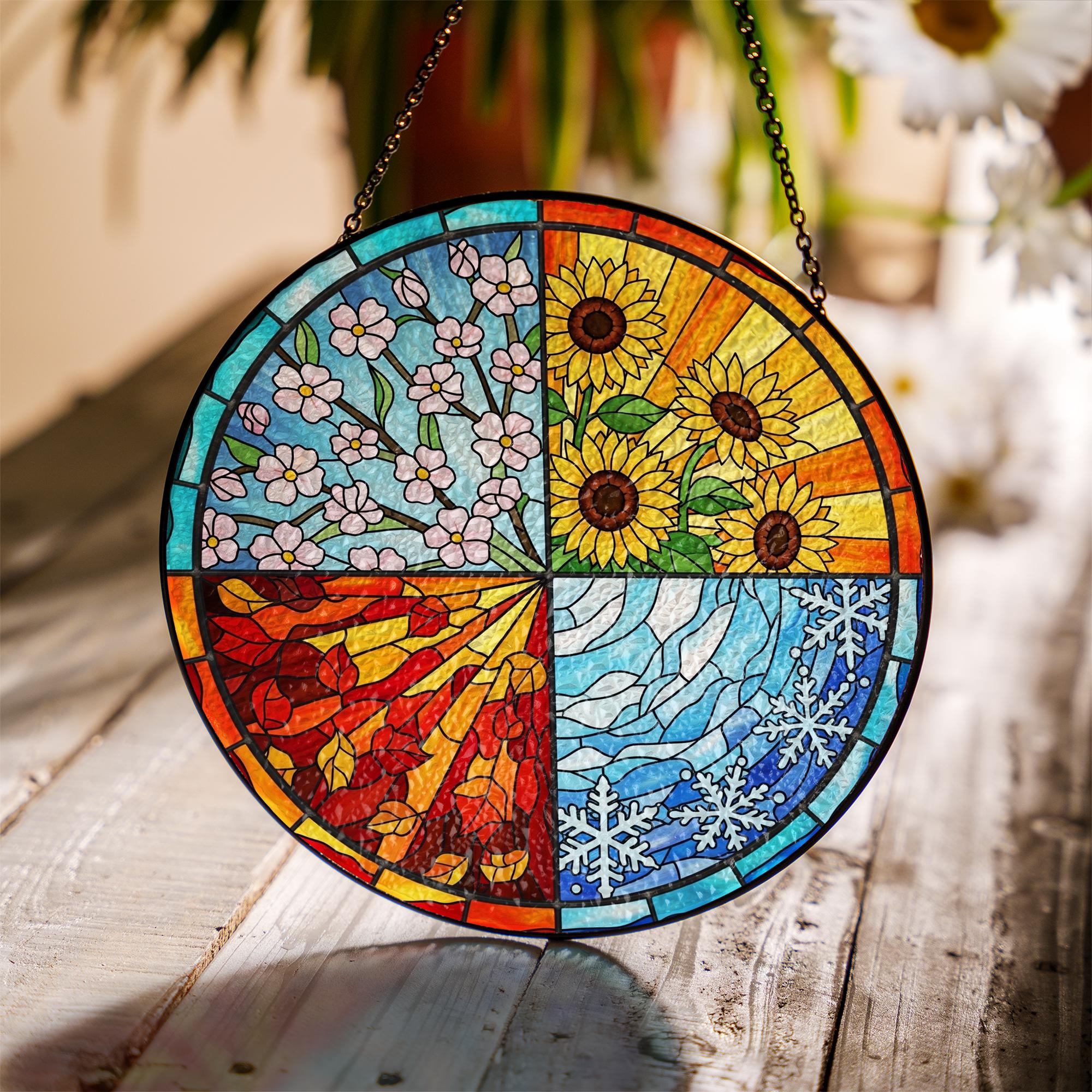 Four Seasons Stained Glass Suncatcher – Nature Window Hanging, Fall Decor, Tis The Season Decor Gift, Jesus Made Christian Gift