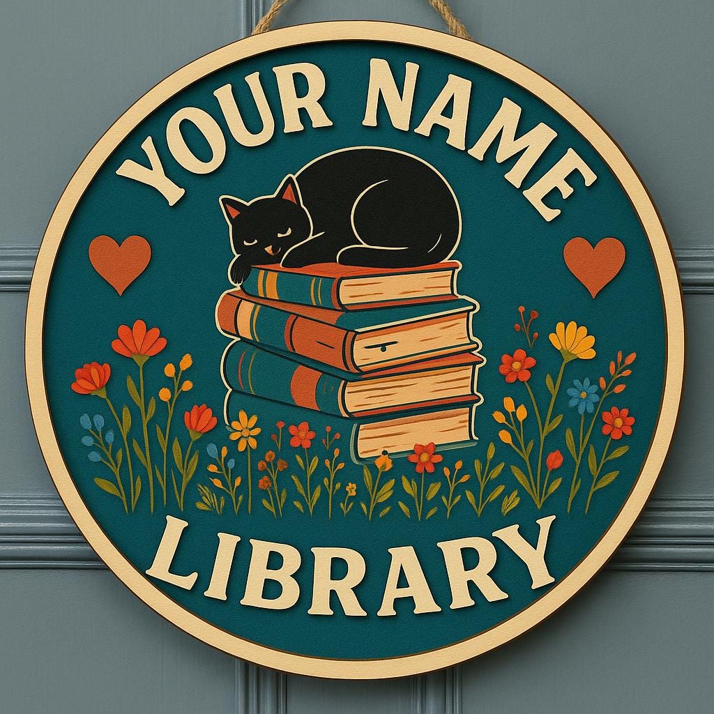 Custom Library Door Sign with Cat and Books, Personalized Round Name Plaque for Home Library or Reading Room, Book Lover Gift Decor