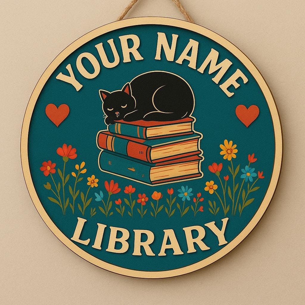 Custom Library Door Sign with Cat and Books, Personalized Round Name Plaque for Home Library or Reading Room, Book Lover Gift Decor