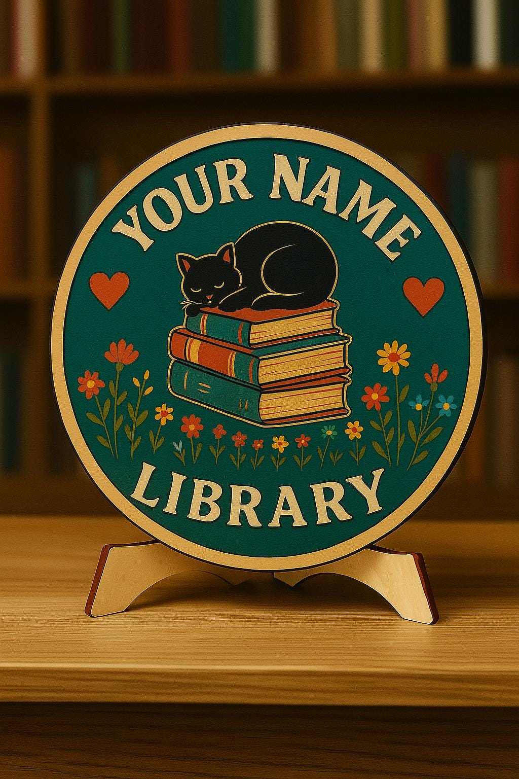 Custom Library Door Sign with Cat and Books, Personalized Round Name Plaque for Home Library or Reading Room, Book Lover Gift Decor