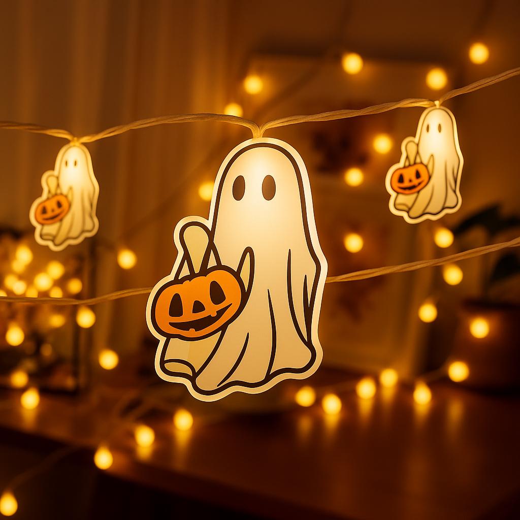 Cute Ghost Pumpkin String Lights, Halloween Light-Up Garland, Trick-or-Treat Ghost Decor, Indoor Spooky Party Lights for Fall