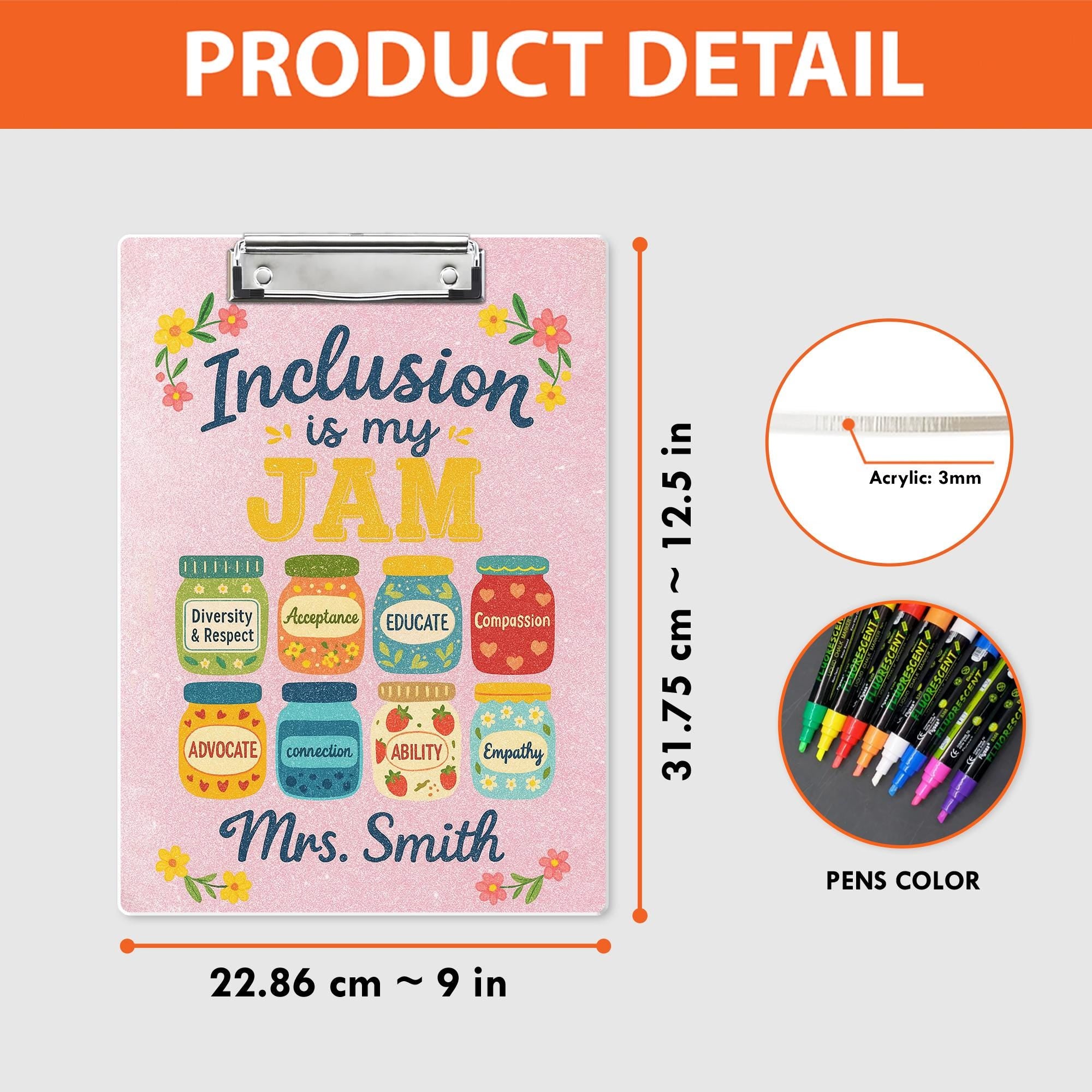 Personalized Teacher Acrylic Clipboard, Inclusion Is My Jam Clipboard, Graduation Gift, Back To School Gift, Teacher Appreciation Gift