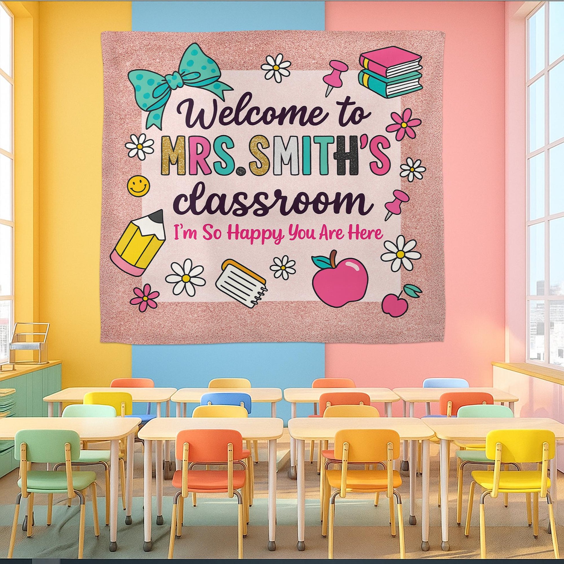Personalized Teacher Classroom Sign – Welcome Banner for Teachers, Educators – Cute Back to School Wall Decor for Elementary Classroom