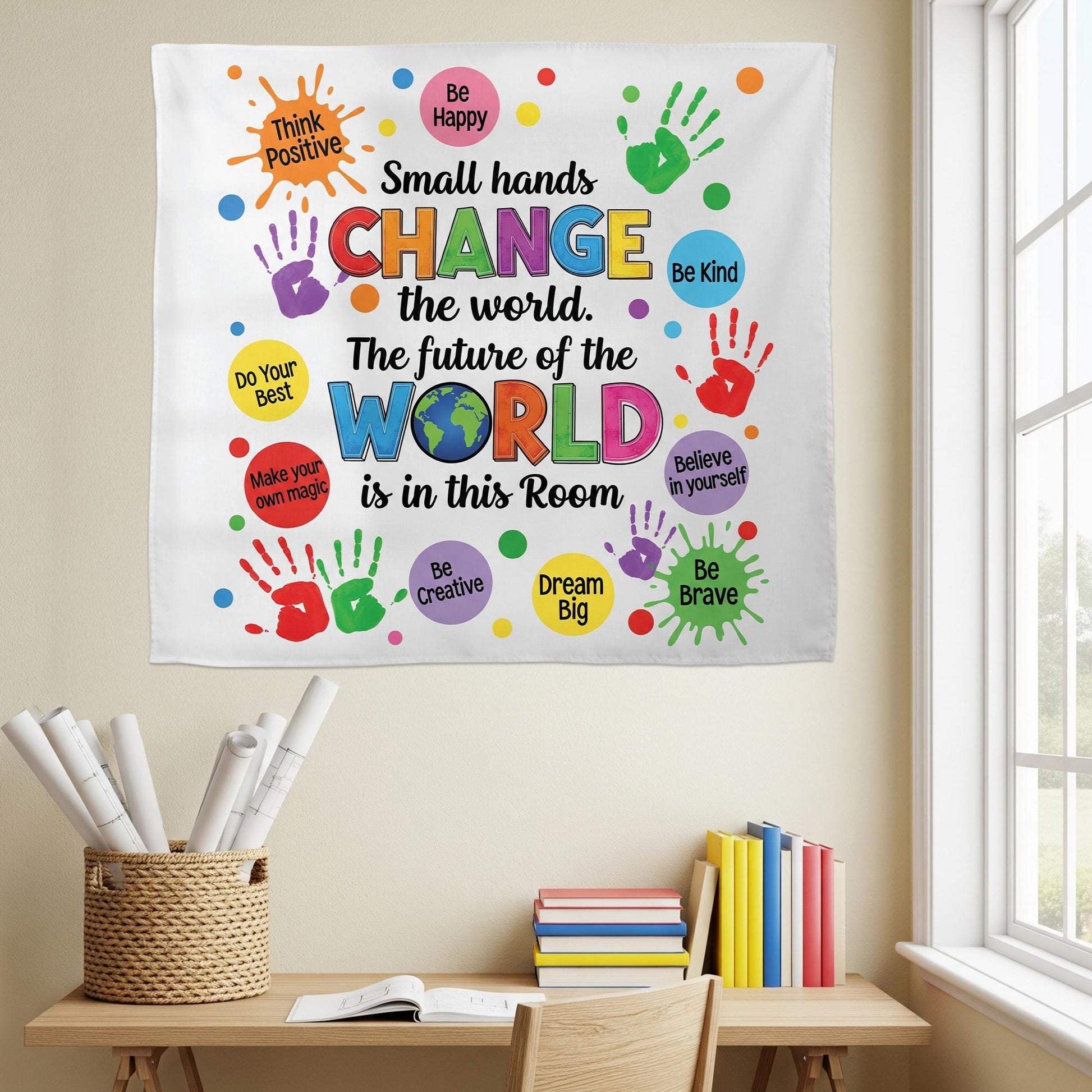 Inspirational Classroom Banner – Small Hands Change the World Wall Decor – Motivational Teacher Poster for Preschool, Elementary, School