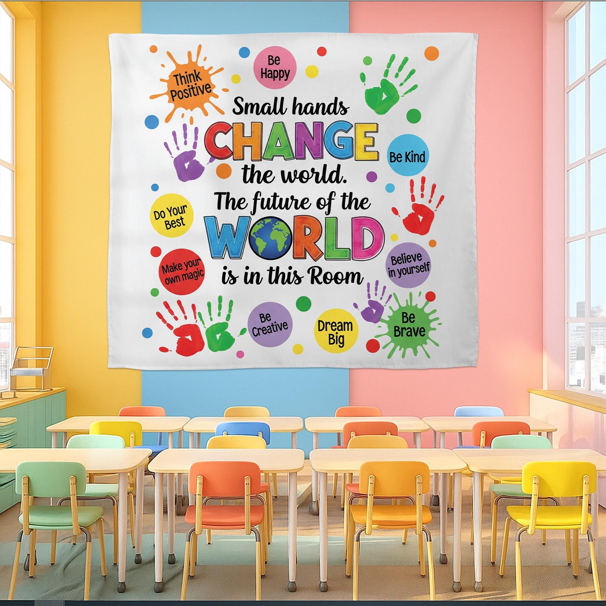 Inspirational Classroom Banner – Small Hands Change the World Wall Decor – Motivational Teacher Poster for Preschool, Elementary, School
