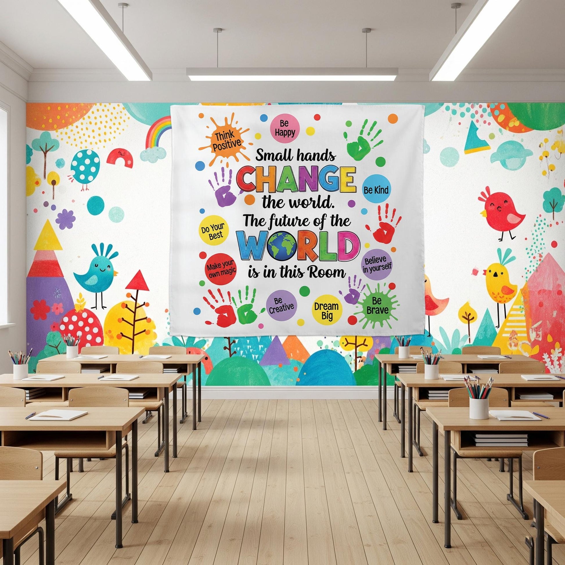 Inspirational Classroom Banner – Small Hands Change the World Wall Decor – Motivational Teacher Poster for Preschool, Elementary, School