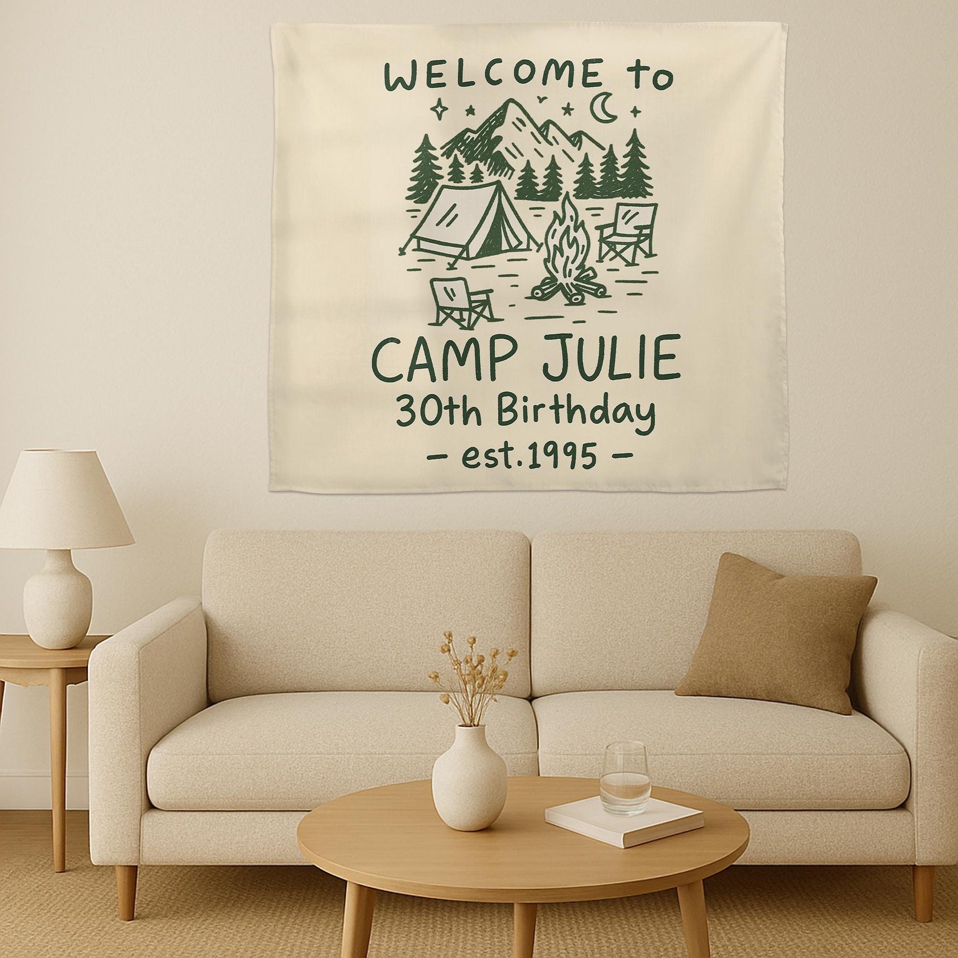 Custom Camp Birthday Tapestry, Camping Party Tapestry, Welcome to Camp Name Sign, Outdoor Birthday Decor, Rustic Tent Theme Backdrop