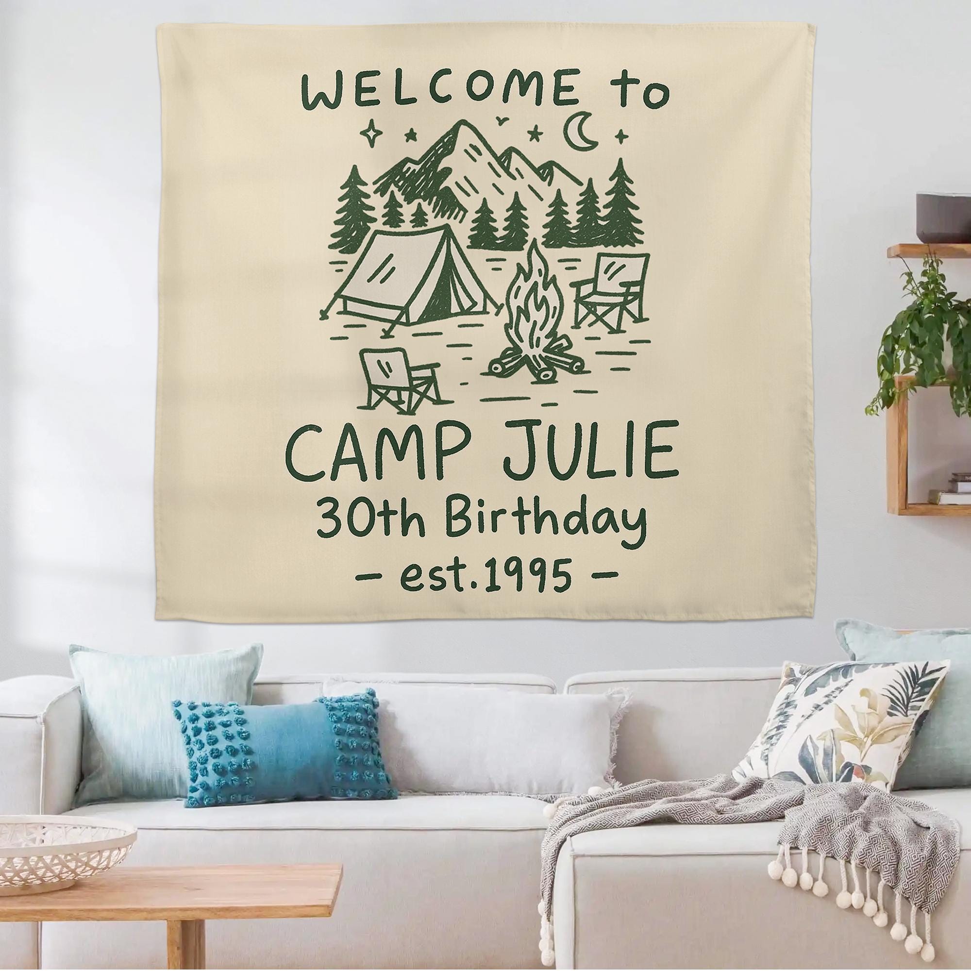 Custom Camp Birthday Tapestry, Camping Party Tapestry, Welcome to Camp Name Sign, Outdoor Birthday Decor, Rustic Tent Theme Backdrop