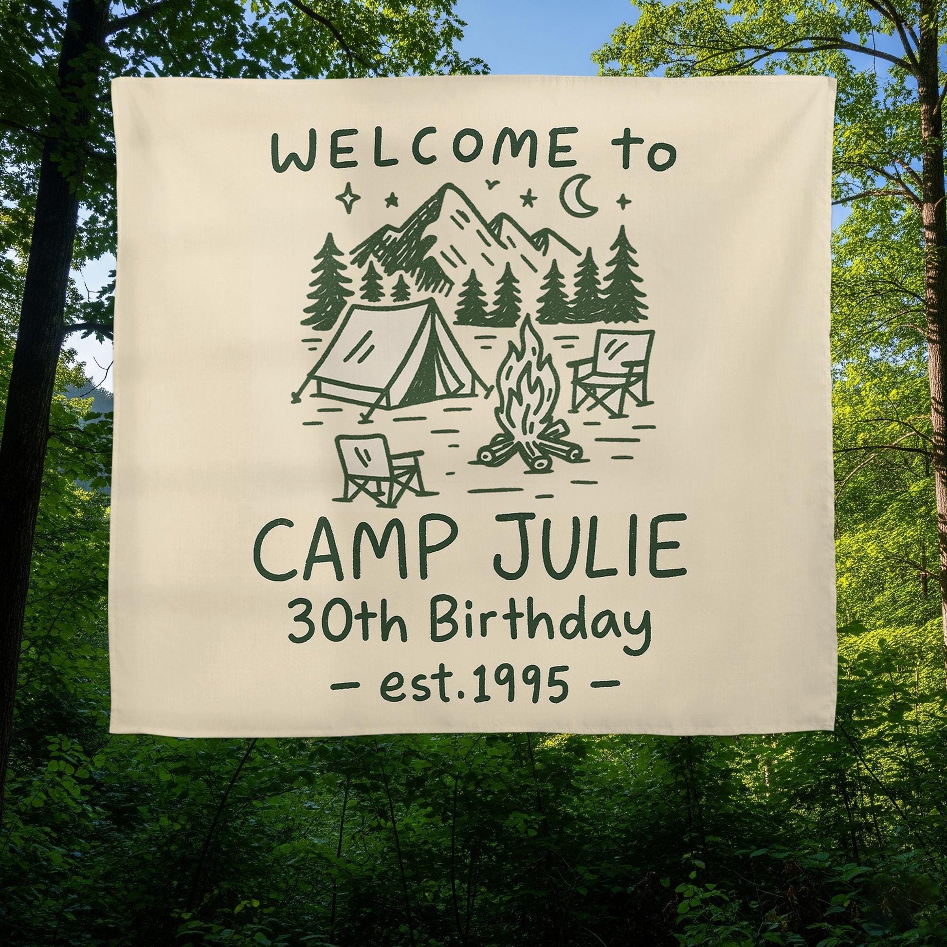 Custom Camp Birthday Tapestry, Camping Party Tapestry, Welcome to Camp Name Sign, Outdoor Birthday Decor, Rustic Tent Theme Backdrop