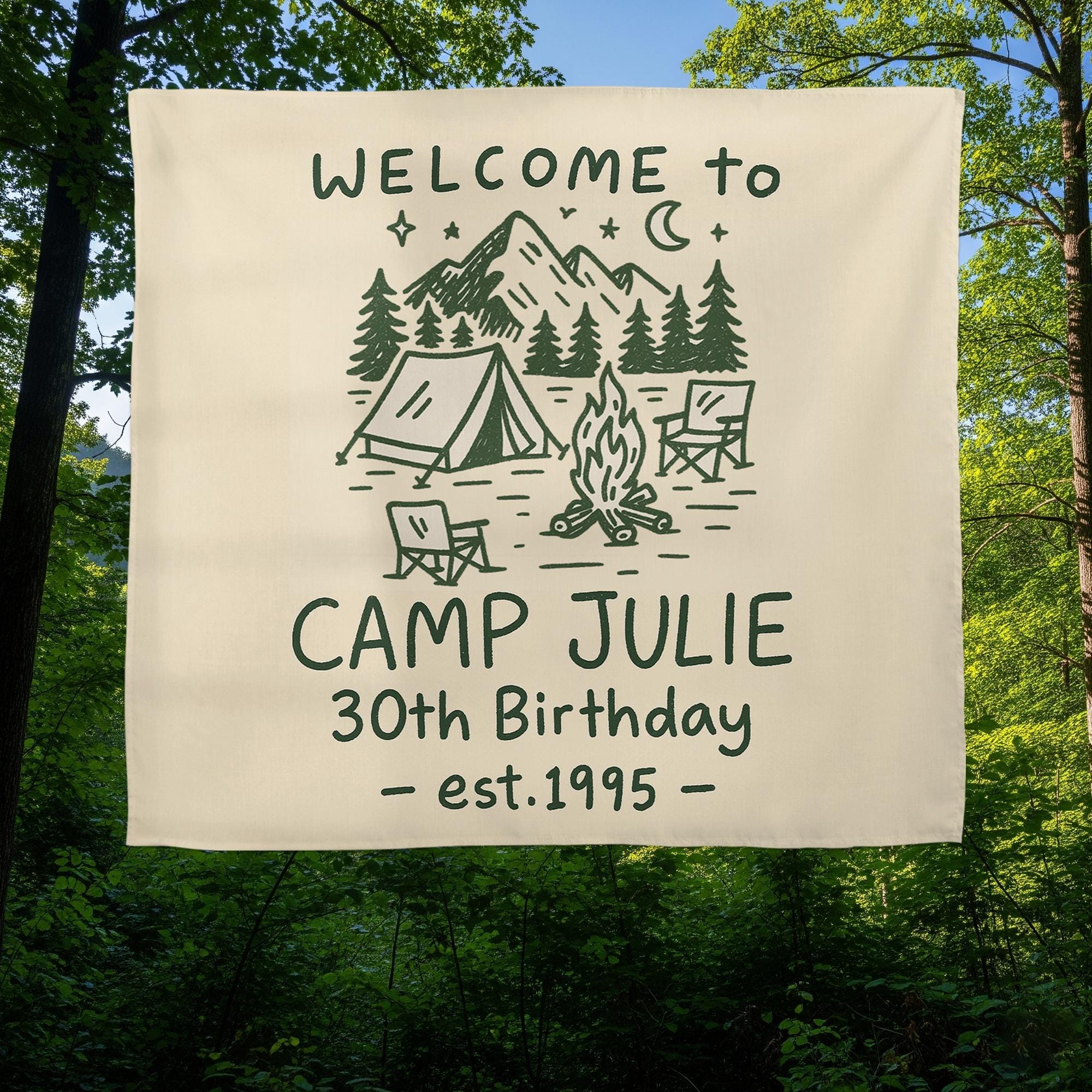 Custom Camp Birthday Tapestry, Camping Party Tapestry, Welcome to Camp Name Sign, Outdoor Birthday Decor, Rustic Tent Theme Backdrop