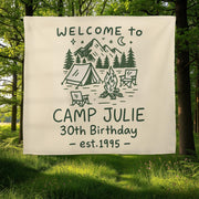 Custom Camp Birthday Tapestry, Camping Party Tapestry, Welcome to Camp Name Sign, Outdoor Birthday Decor, Rustic Tent Theme Backdrop