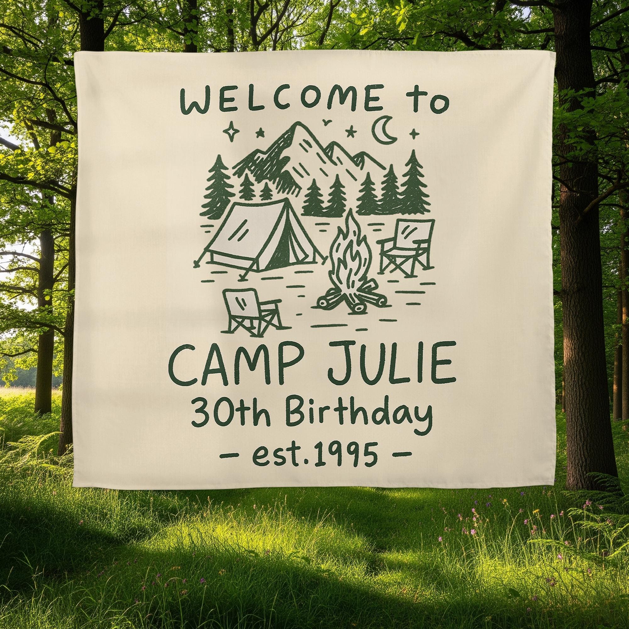 Custom Camp Birthday Tapestry, Camping Party Tapestry, Welcome to Camp Name Sign, Outdoor Birthday Decor, Rustic Tent Theme Backdrop