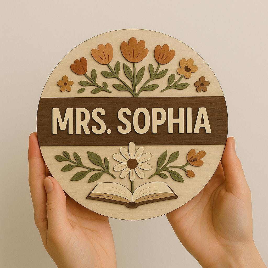 Custom Teacher Door Sign with Name, Floral Classroom Wall Decor, Personalized Wood Round Sign for School, Reading Nook or Office