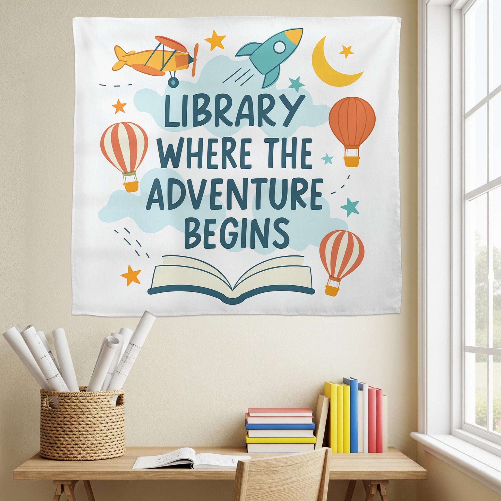 Library Wall Decor Banner – Where the Adventure Begins Sign – Reading Corner Poster for Classroom, School Library, or Book Nook