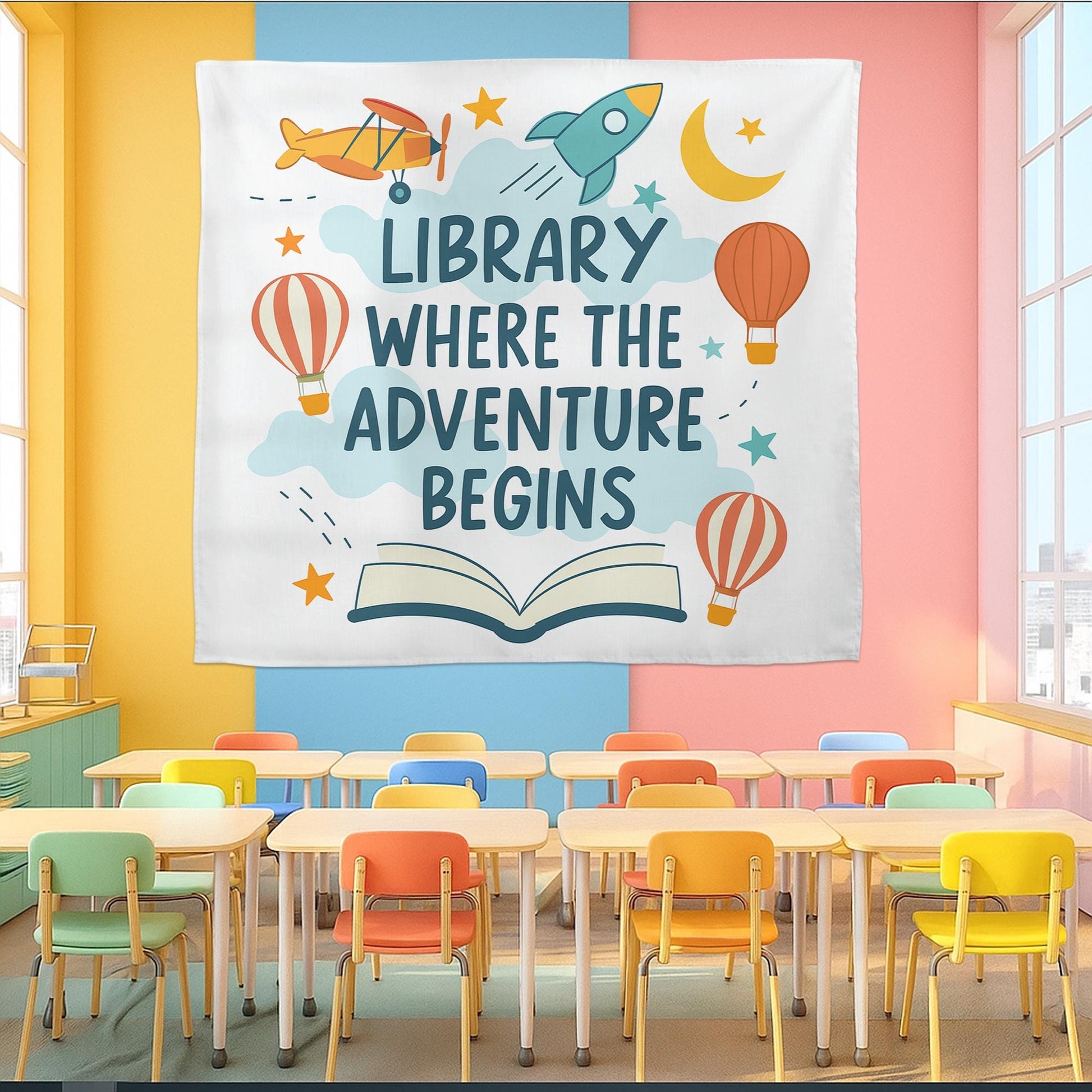 Library Wall Decor Banner – Where the Adventure Begins Sign – Reading Corner Poster for Classroom, School Library, or Book Nook