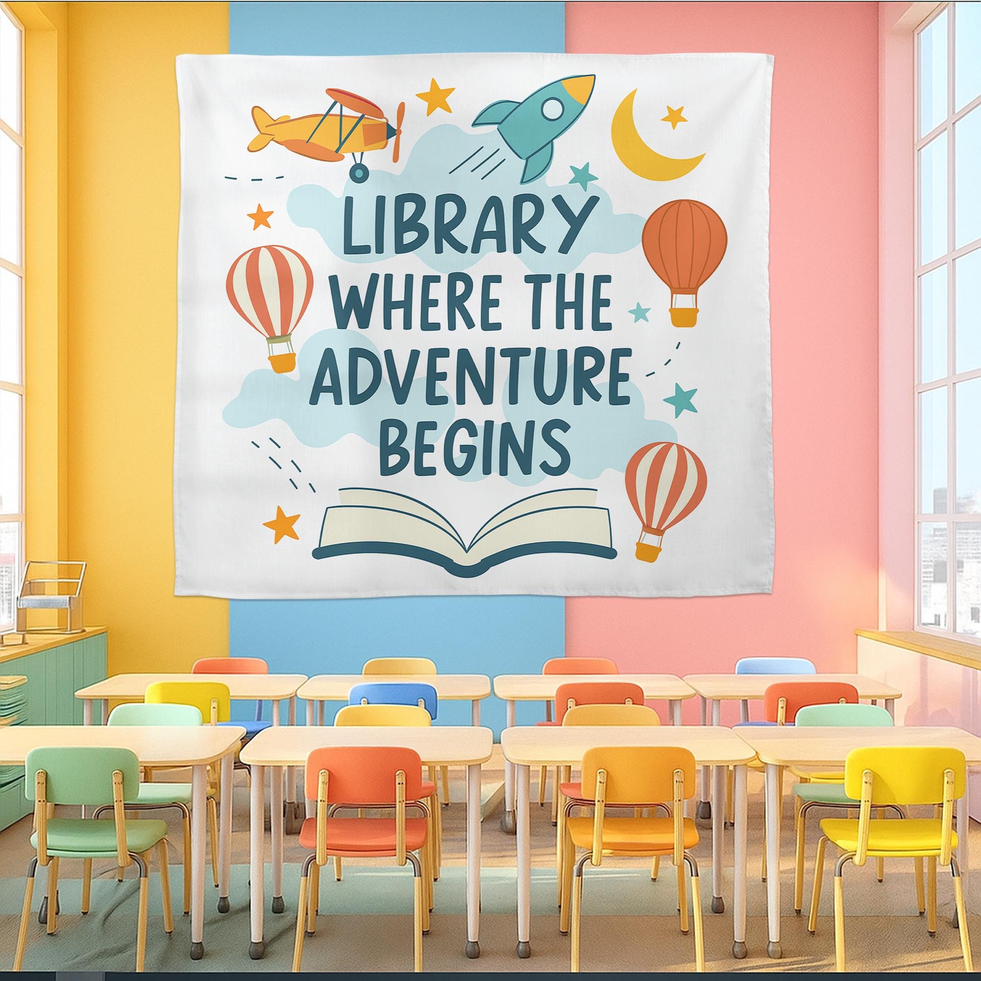 Library Wall Decor Banner – Where the Adventure Begins Sign – Reading Corner Poster for Classroom, School Library, or Book Nook