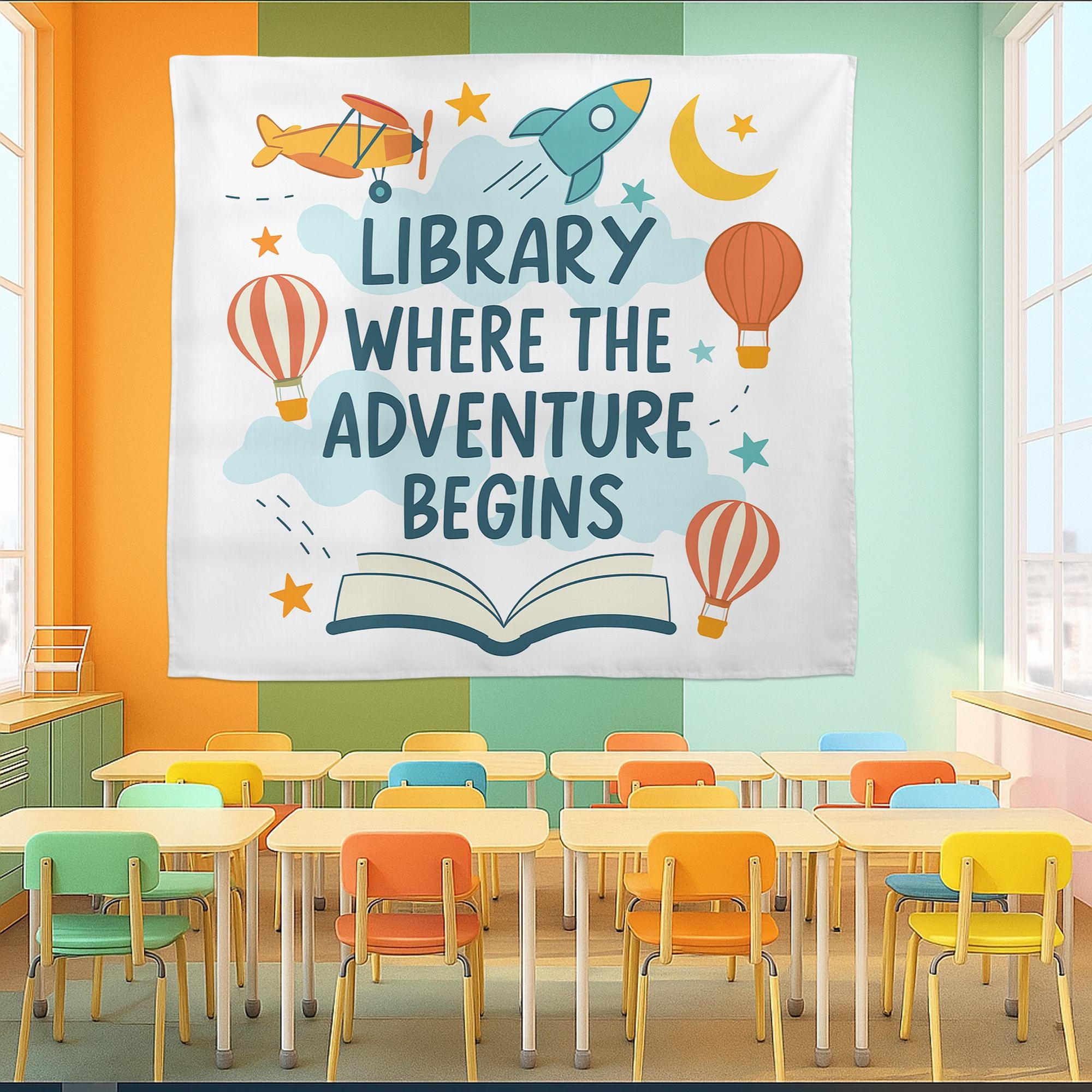 Library Wall Decor Banner – Where the Adventure Begins Sign – Reading Corner Poster for Classroom, School Library, or Book Nook