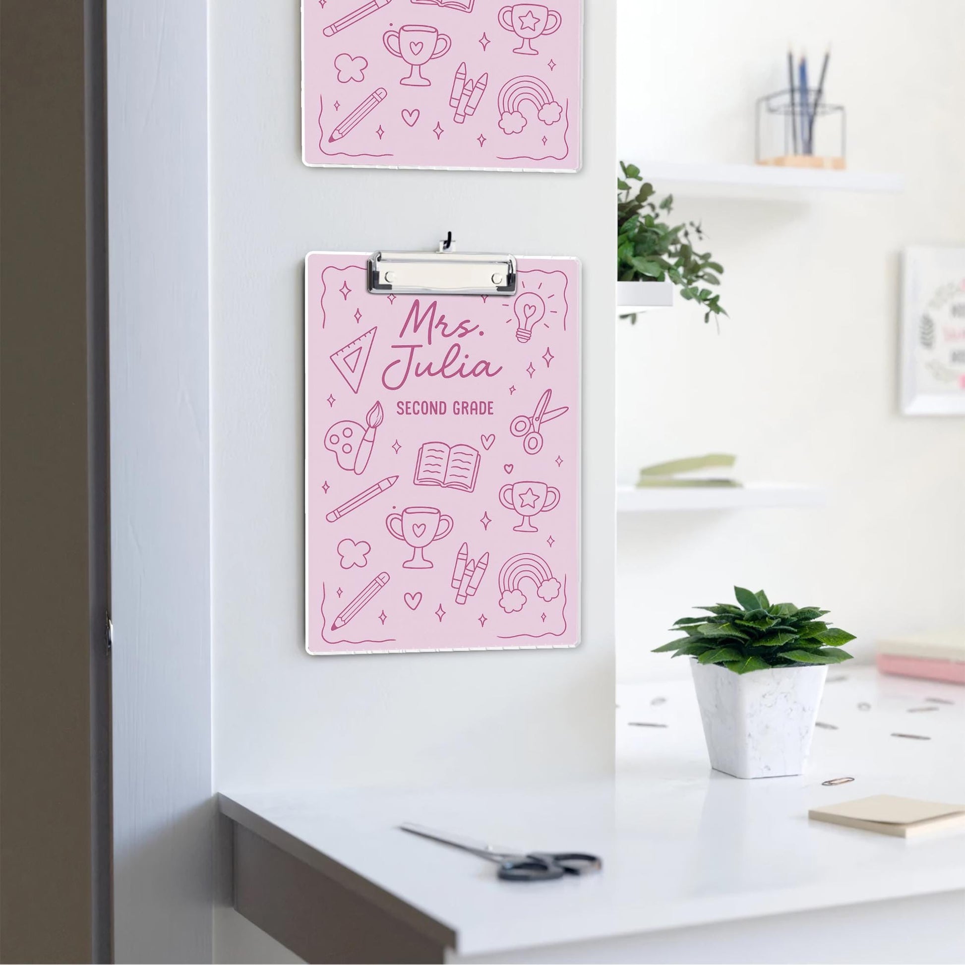 Personalized Teacher Clipboard, Custom Name - Grade, Pink School Supplies Design for Classroom or Teacher Appreciation Gift, Back To School