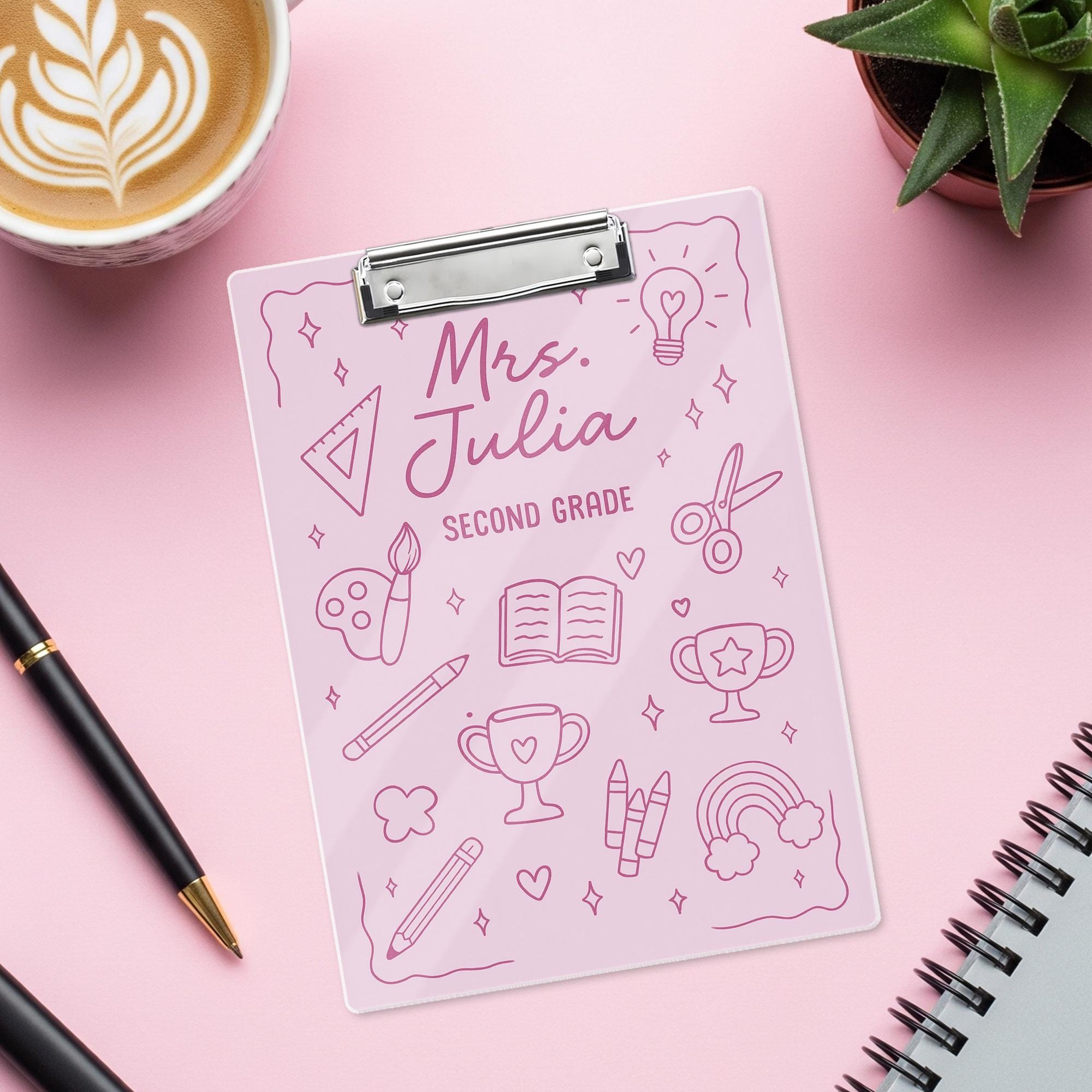 Personalized Teacher Clipboard, Custom Name - Grade, Pink School Supplies Design for Classroom or Teacher Appreciation Gift, Back To School