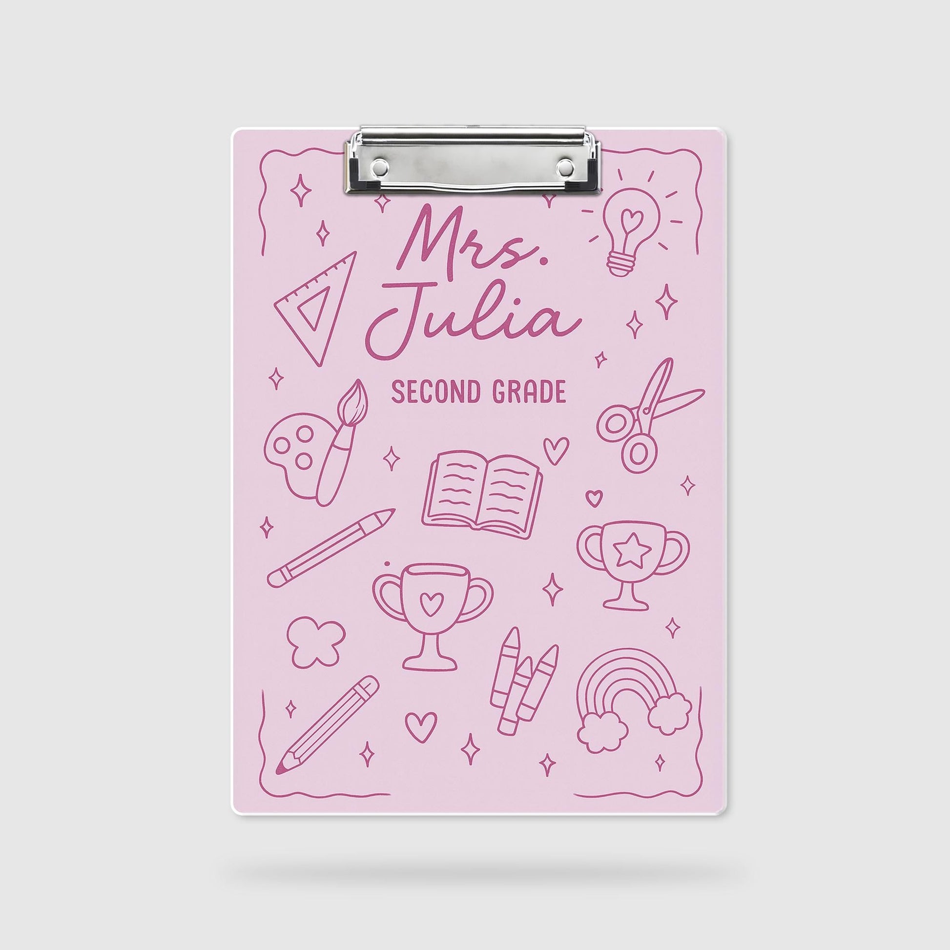 Personalized Teacher Clipboard, Custom Name - Grade, Pink School Supplies Design for Classroom or Teacher Appreciation Gift, Back To School