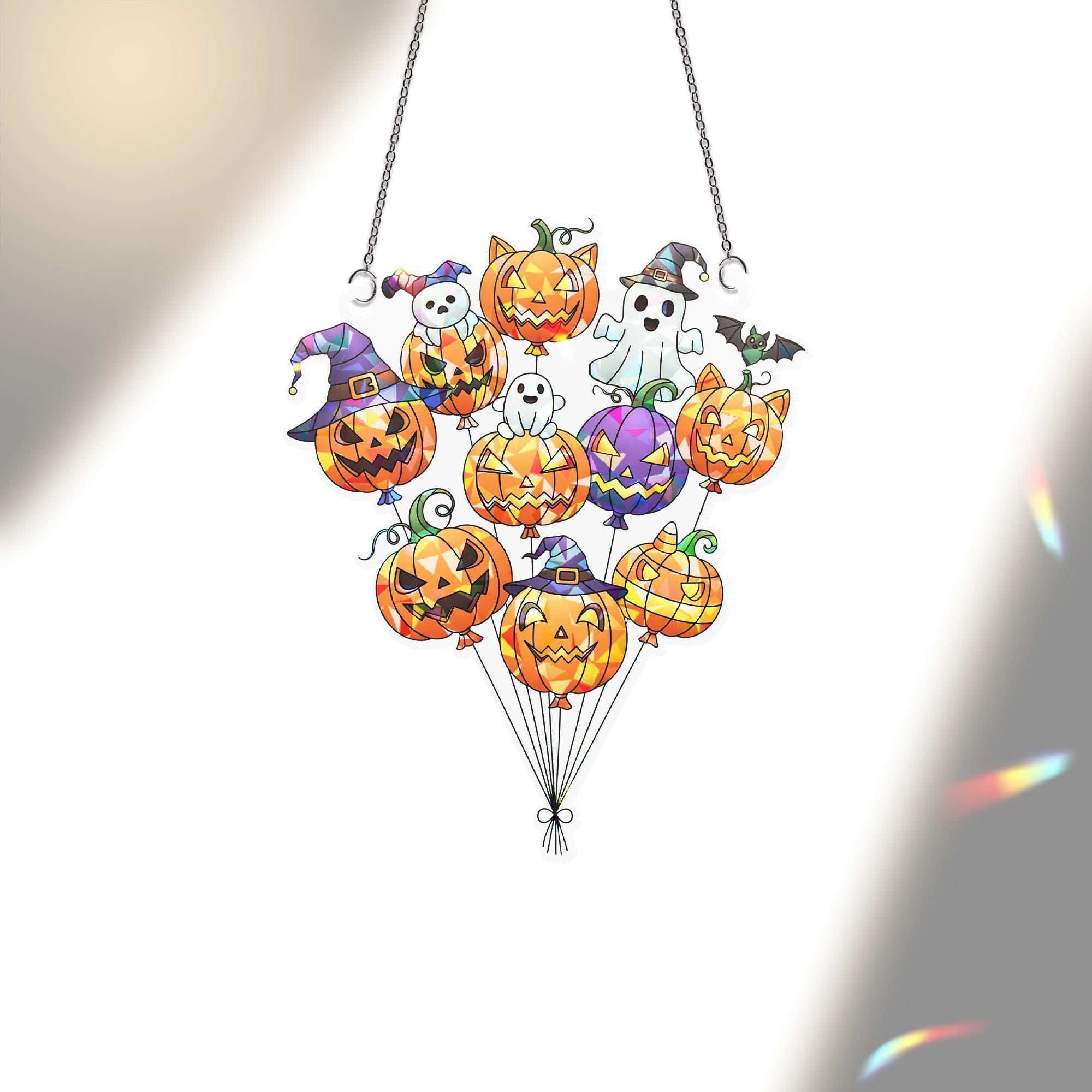 Halloween Pumpkin Ghost Balloon Suncatcher | Cute Spooky Window Decor | Witchy Jack O Lantern Sun Catcher | Fall Gothic Home Gift