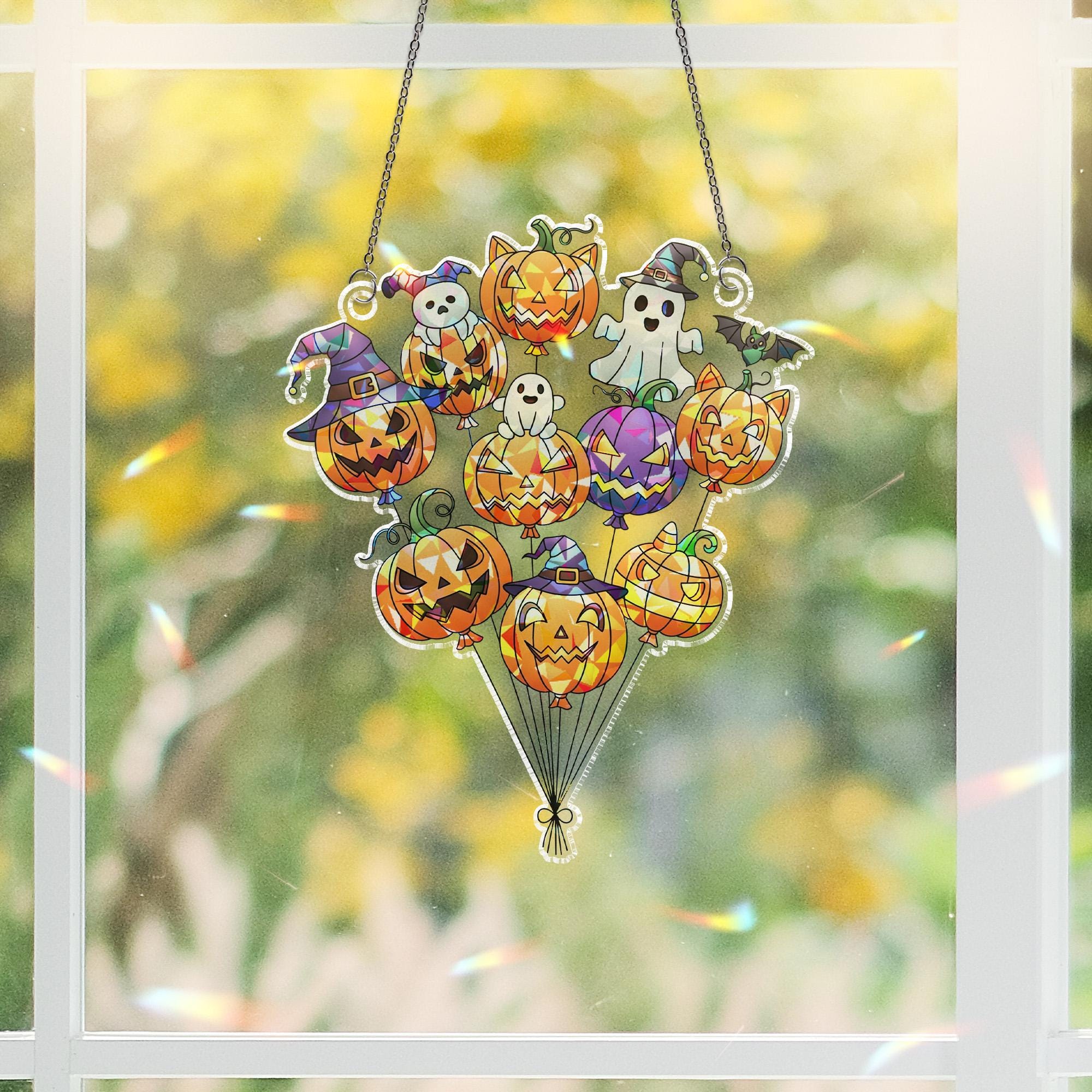 Halloween Pumpkin Ghost Balloon Suncatcher | Cute Spooky Window Decor | Witchy Jack O Lantern Sun Catcher | Fall Gothic Home Gift