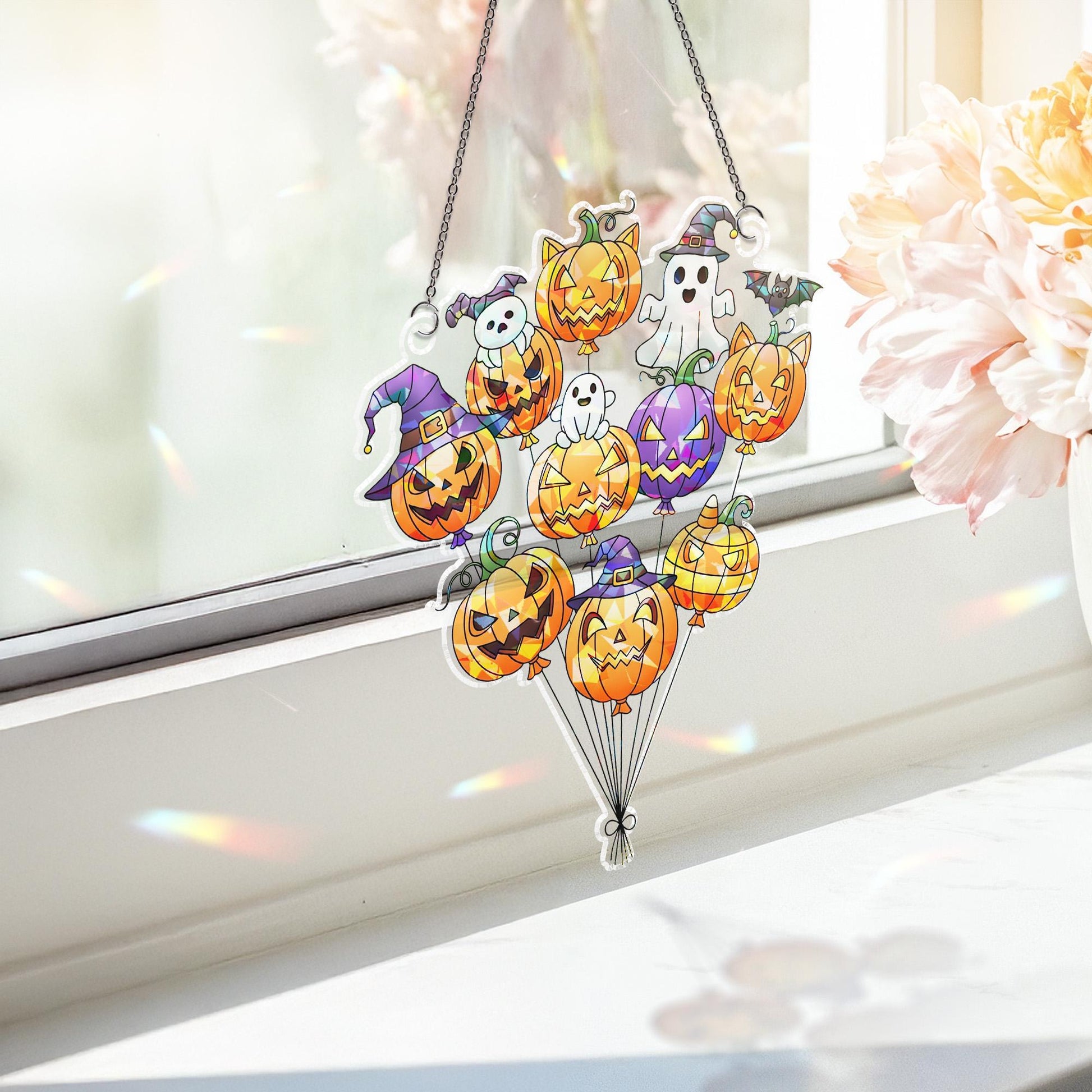 Halloween Pumpkin Ghost Balloon Suncatcher | Cute Spooky Window Decor | Witchy Jack O Lantern Sun Catcher | Fall Gothic Home Gift