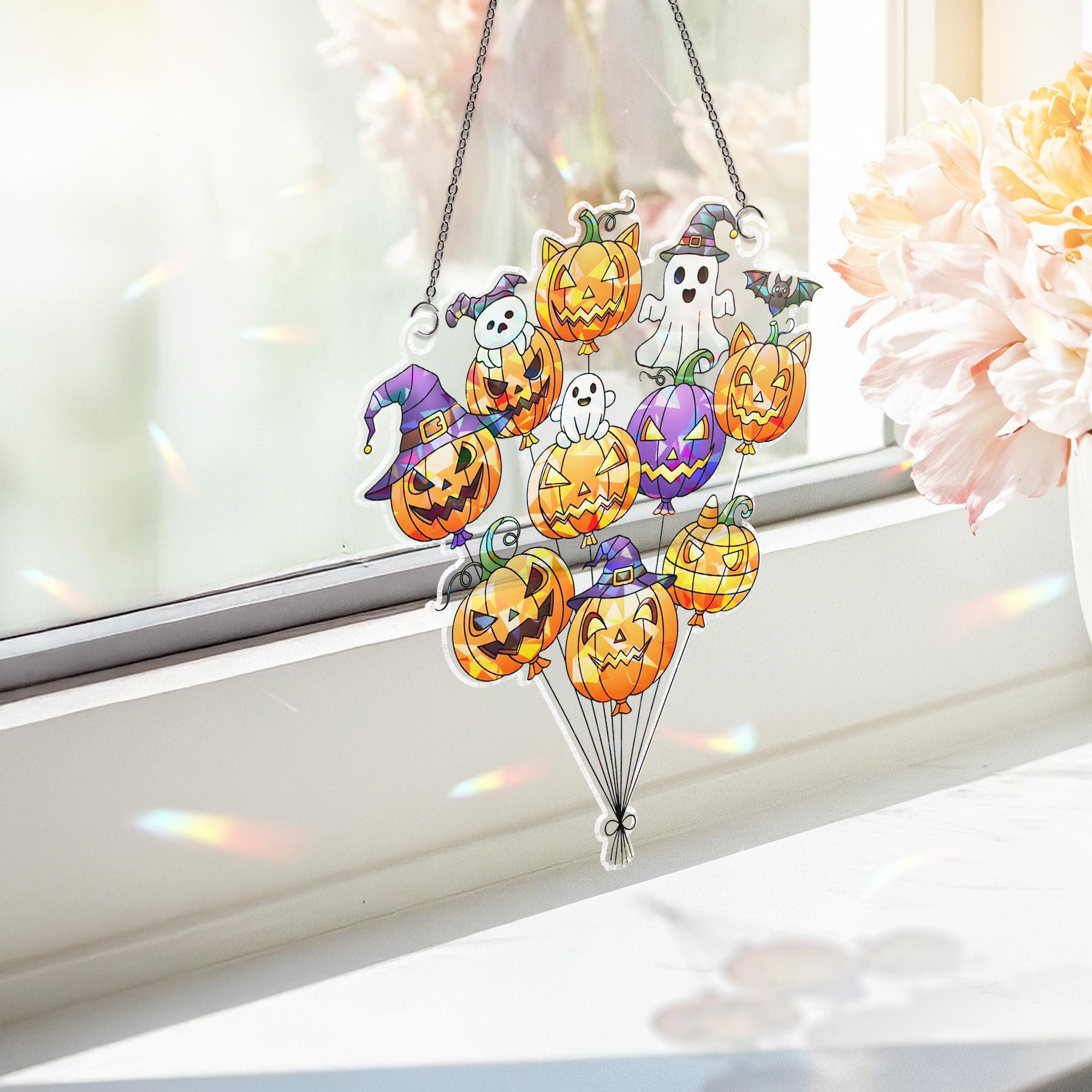 Halloween Pumpkin Ghost Balloon Suncatcher | Cute Spooky Window Decor | Witchy Jack O Lantern Sun Catcher | Fall Gothic Home Gift