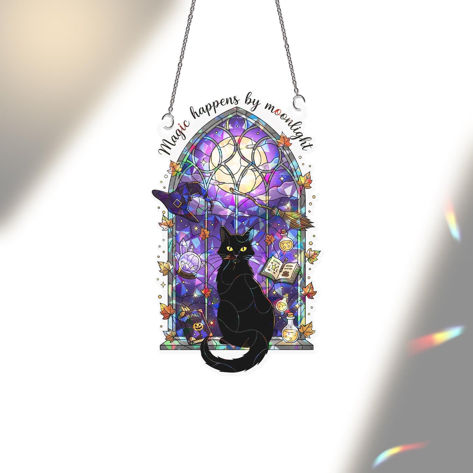 Black Cat Witch Window Suncatcher | Magic Happens by Moonlight | Gothic Halloween Decor | Witchy Cat Stained Glass Gift