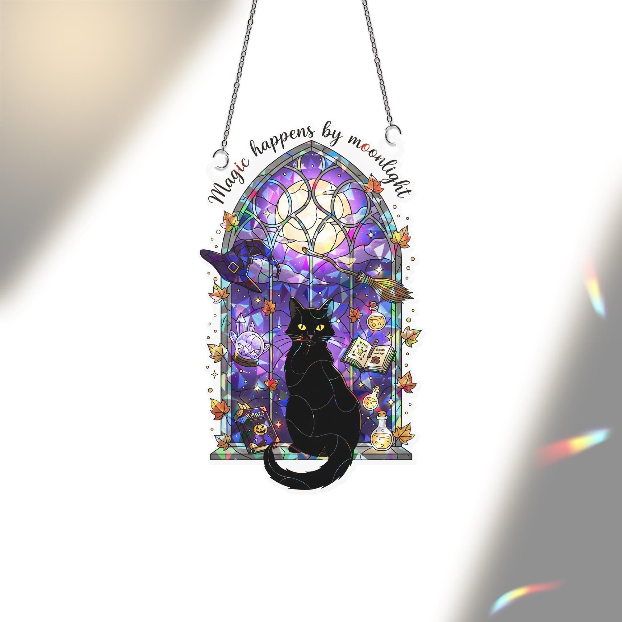 Black Cat Witch Window Suncatcher | Magic Happens by Moonlight | Gothic Halloween Decor | Witchy Cat Stained Glass Gift
