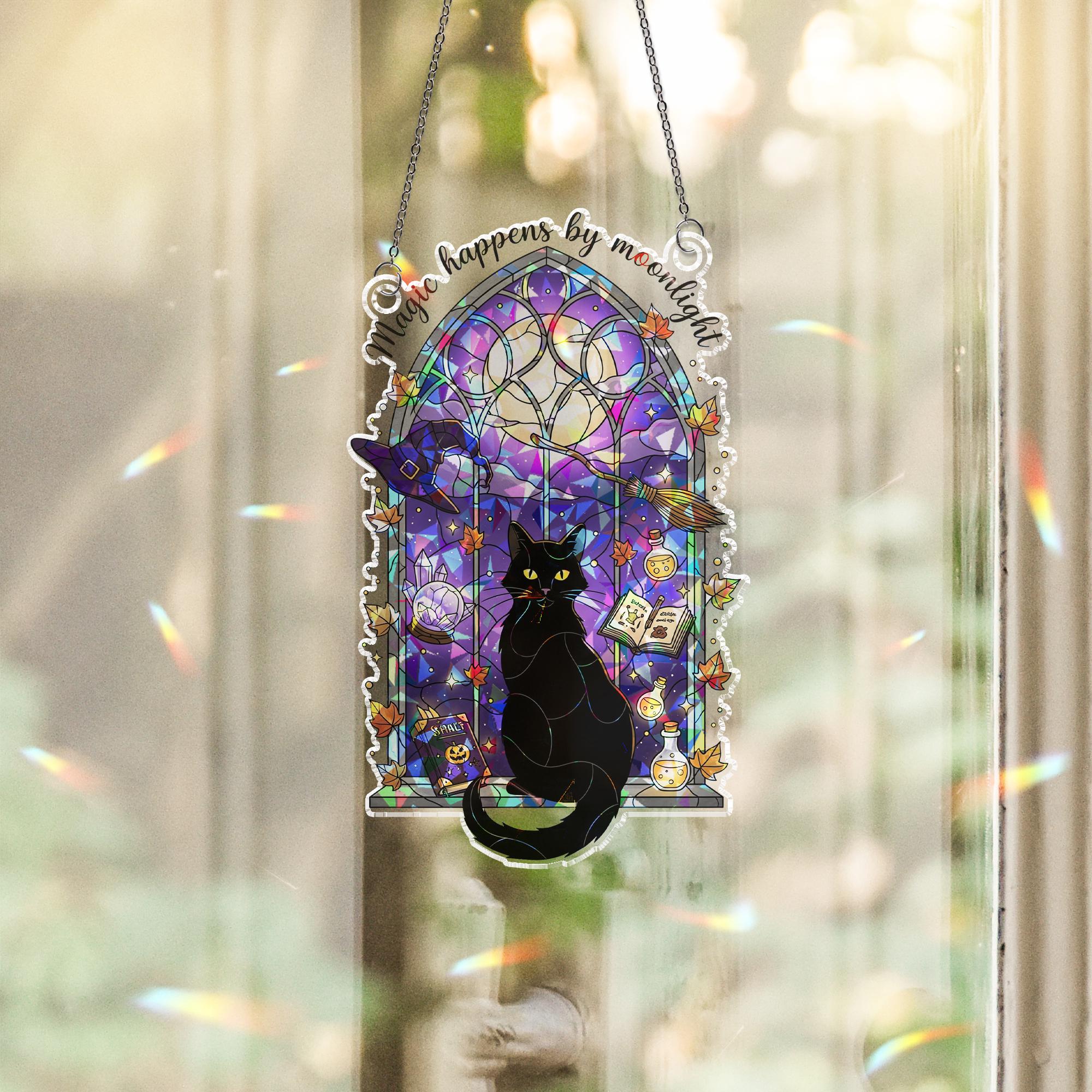Black Cat Witch Window Suncatcher | Magic Happens by Moonlight | Gothic Halloween Decor | Witchy Cat Stained Glass Gift