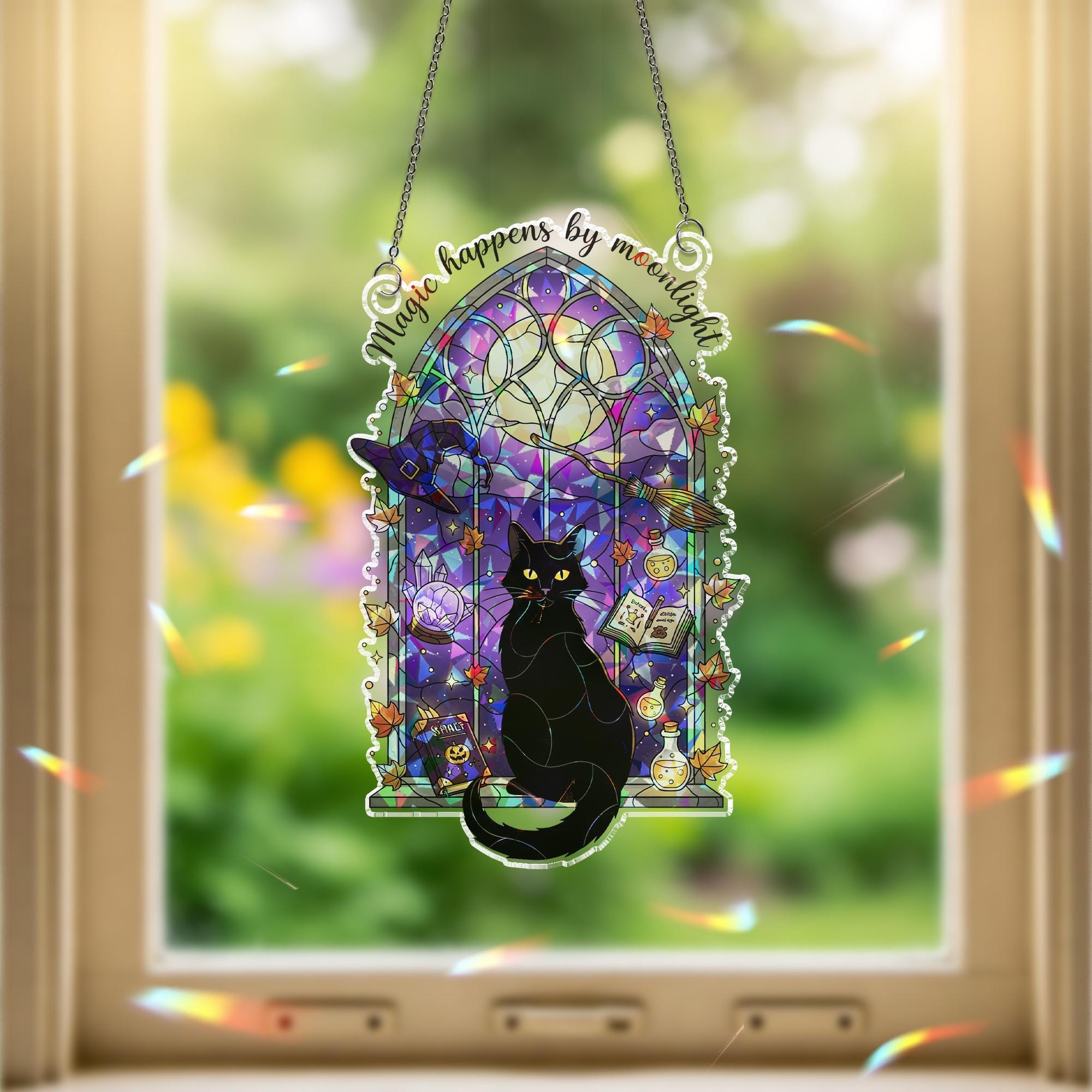 Black Cat Witch Window Suncatcher | Magic Happens by Moonlight | Gothic Halloween Decor | Witchy Cat Stained Glass Gift
