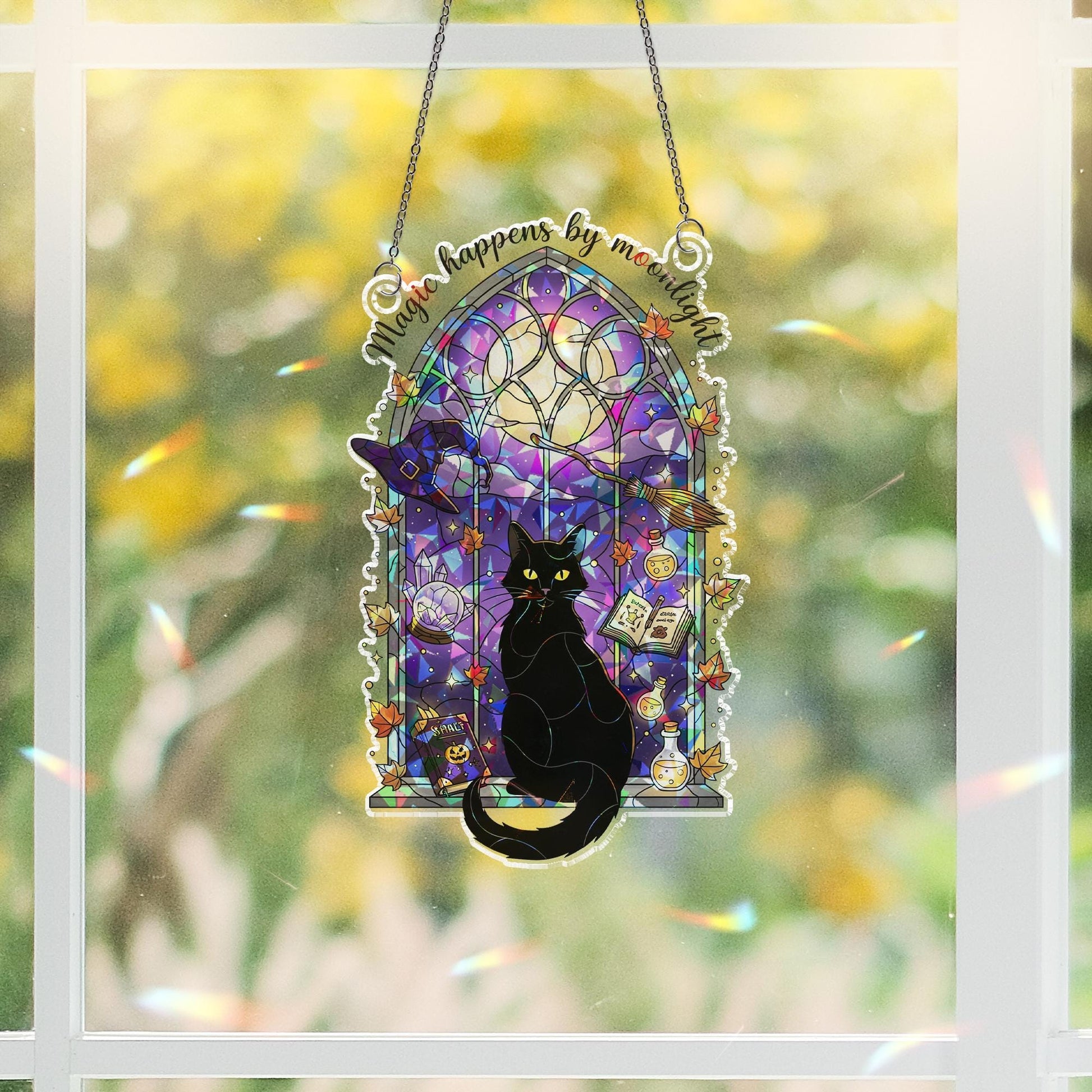 Black Cat Witch Window Suncatcher | Magic Happens by Moonlight | Gothic Halloween Decor | Witchy Cat Stained Glass Gift
