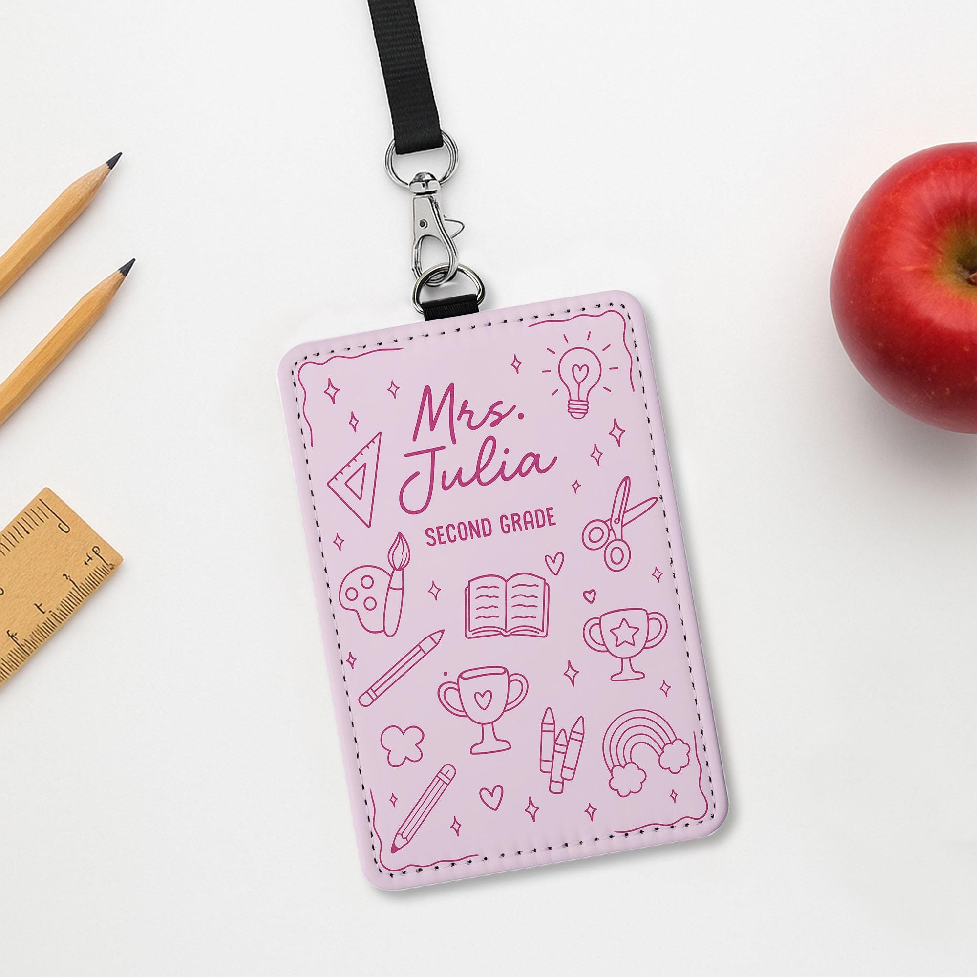 Personalized Teacher Badge Holder – Custom Name, Grade ID Holder for Teachers – Cute Pink School Icons Design for Classroom or Gifts